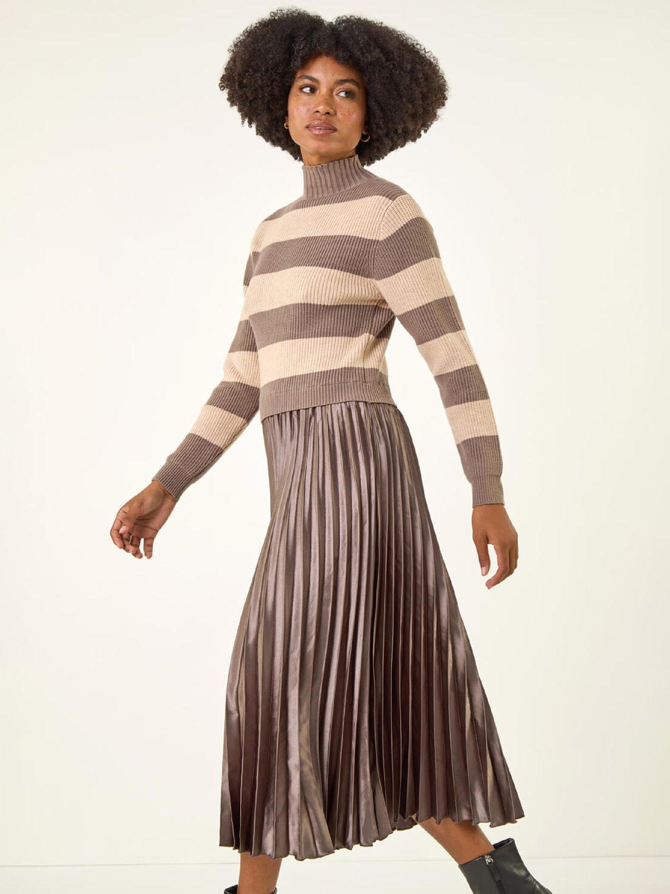  image of roman-stripe-knit-bodice-pleated-skirt-dress-tan