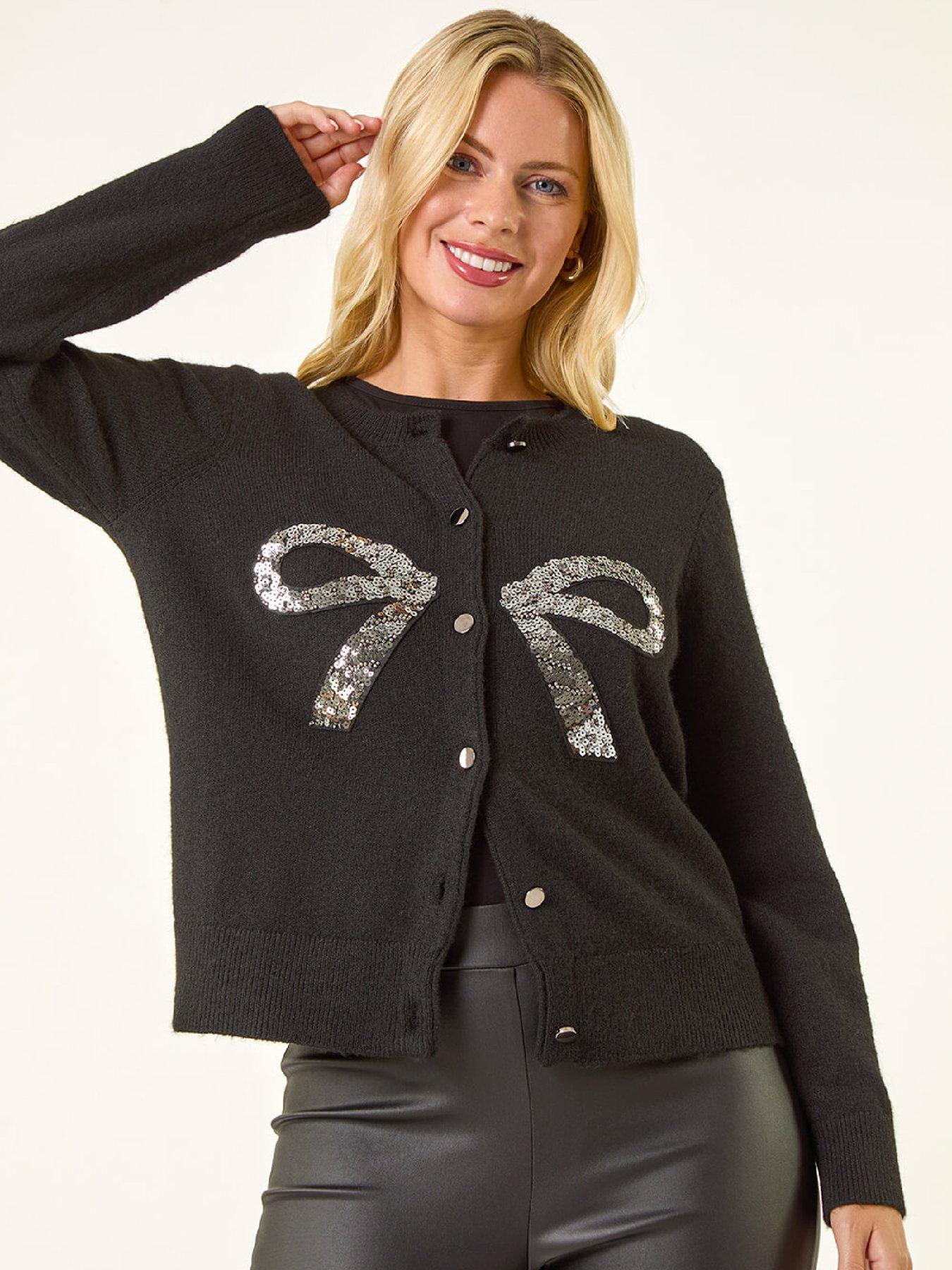Roman Petite Bow Sequin Knit Cardigan - Black