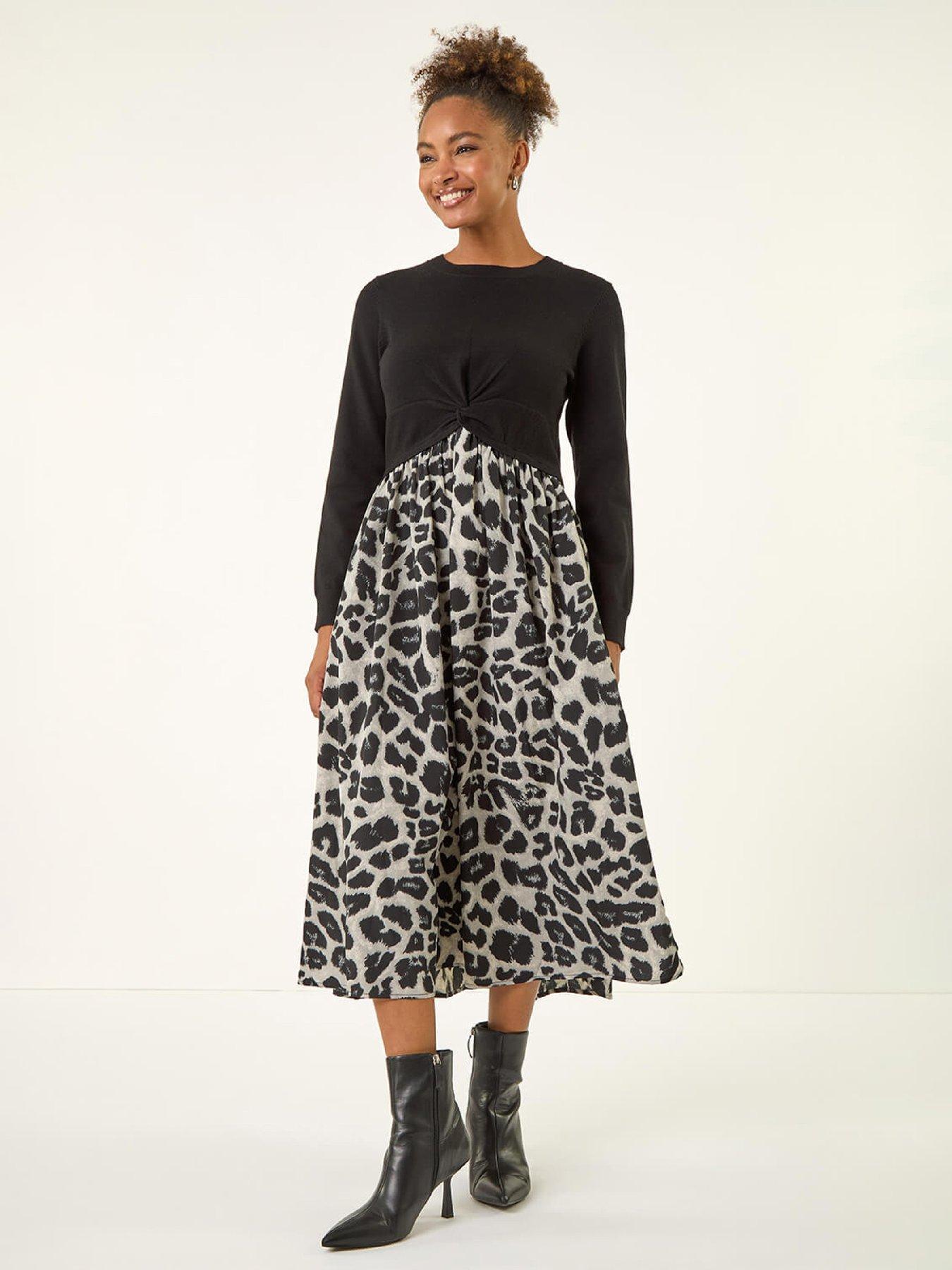 Roman Animal Print Twist Front Midi Dress - Grey