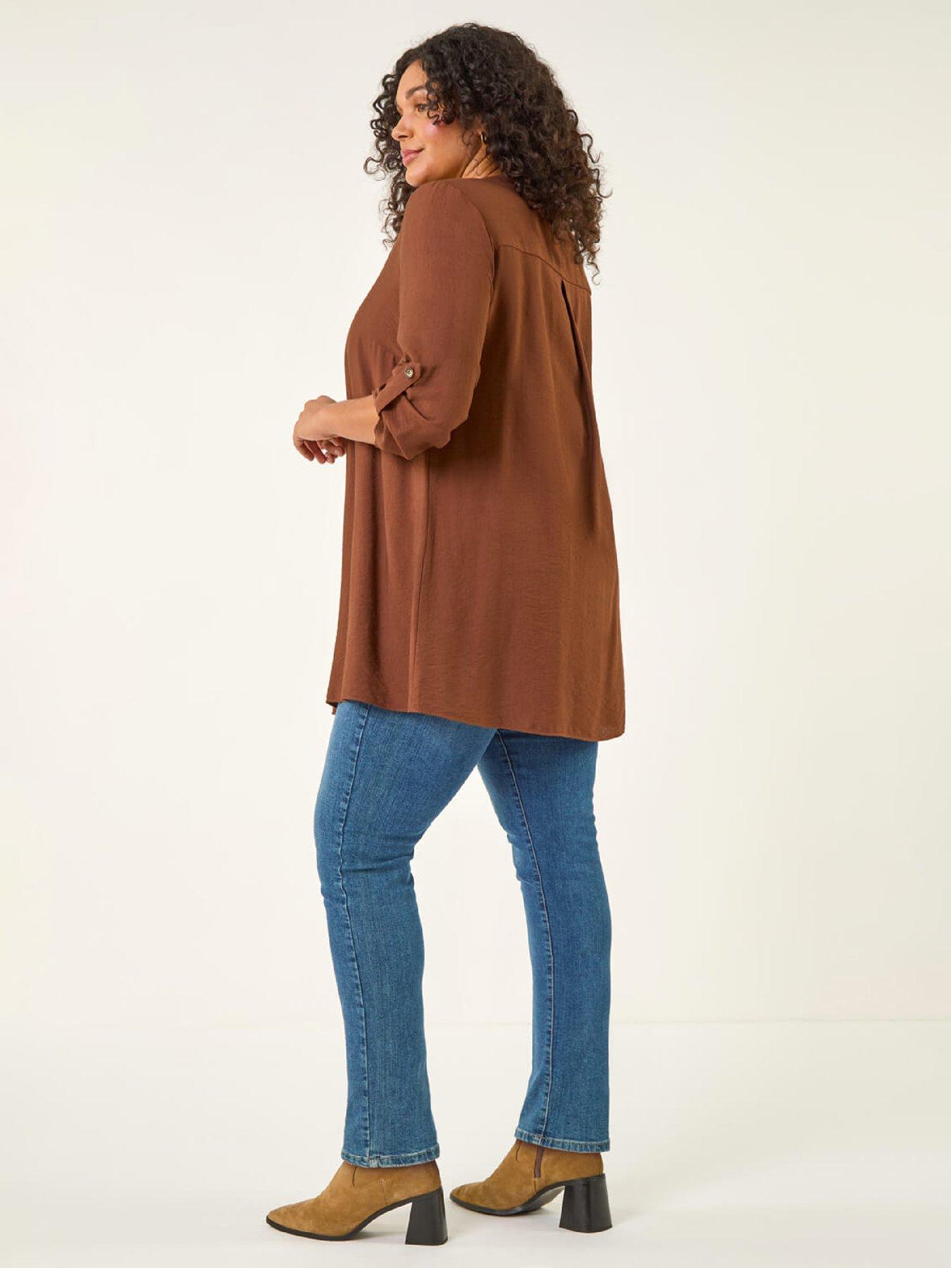 Image 2 of 5 of Roman Curve Textured Buttoned Tunic Top - Chocolate