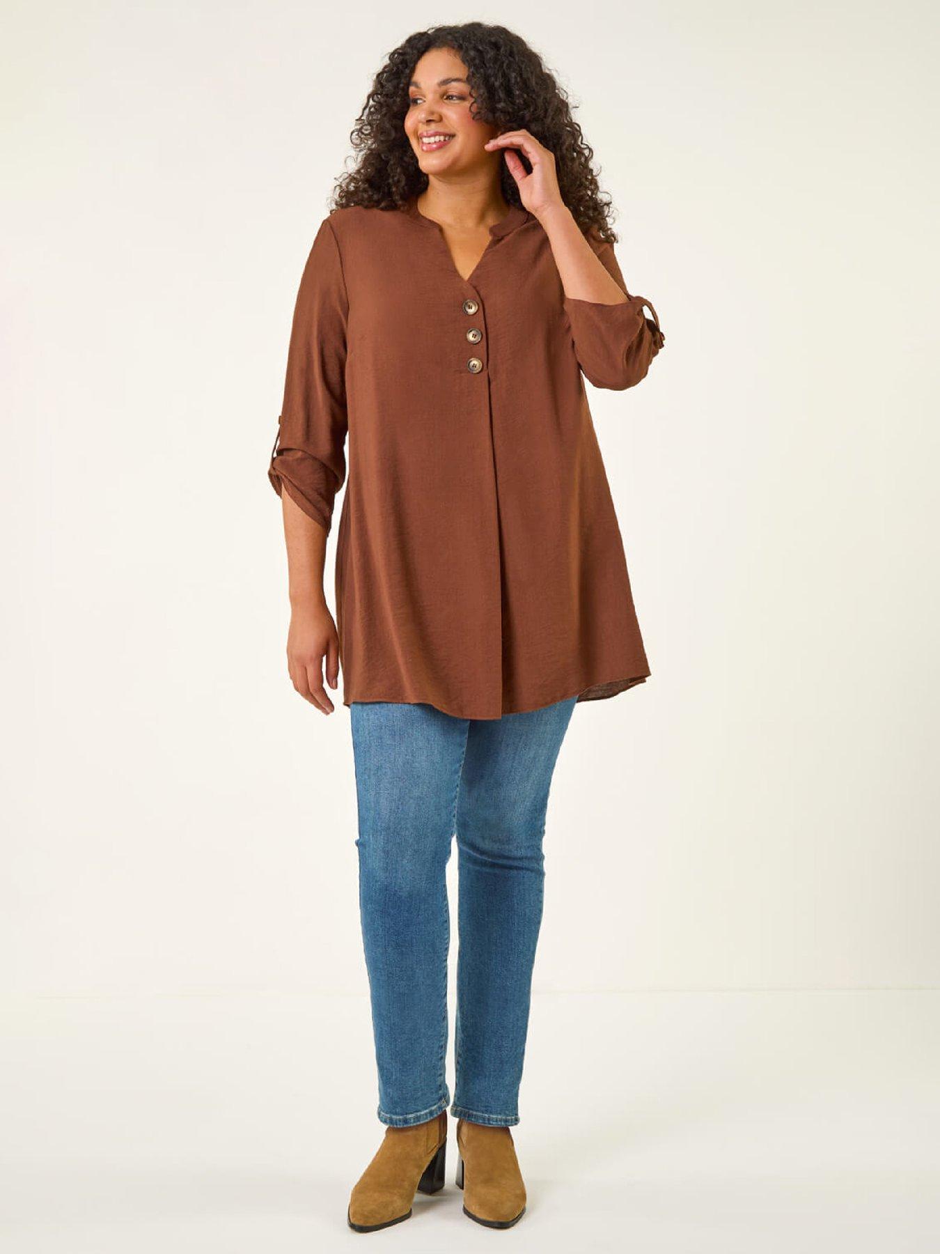Image 3 of 5 of Roman Curve Textured Buttoned Tunic Top - Chocolate