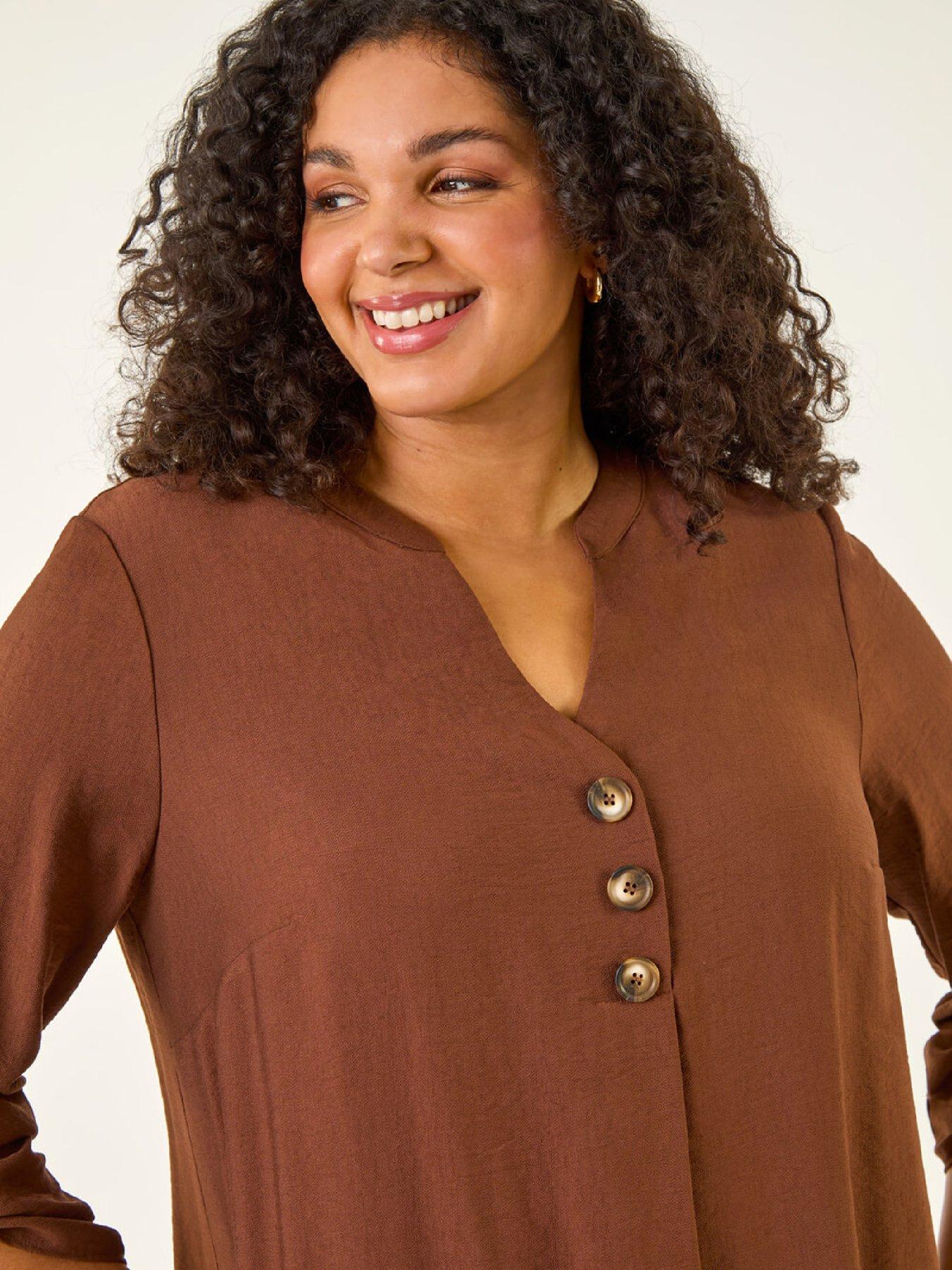 Image 4 of 5 of Roman Curve Textured Buttoned Tunic Top - Chocolate