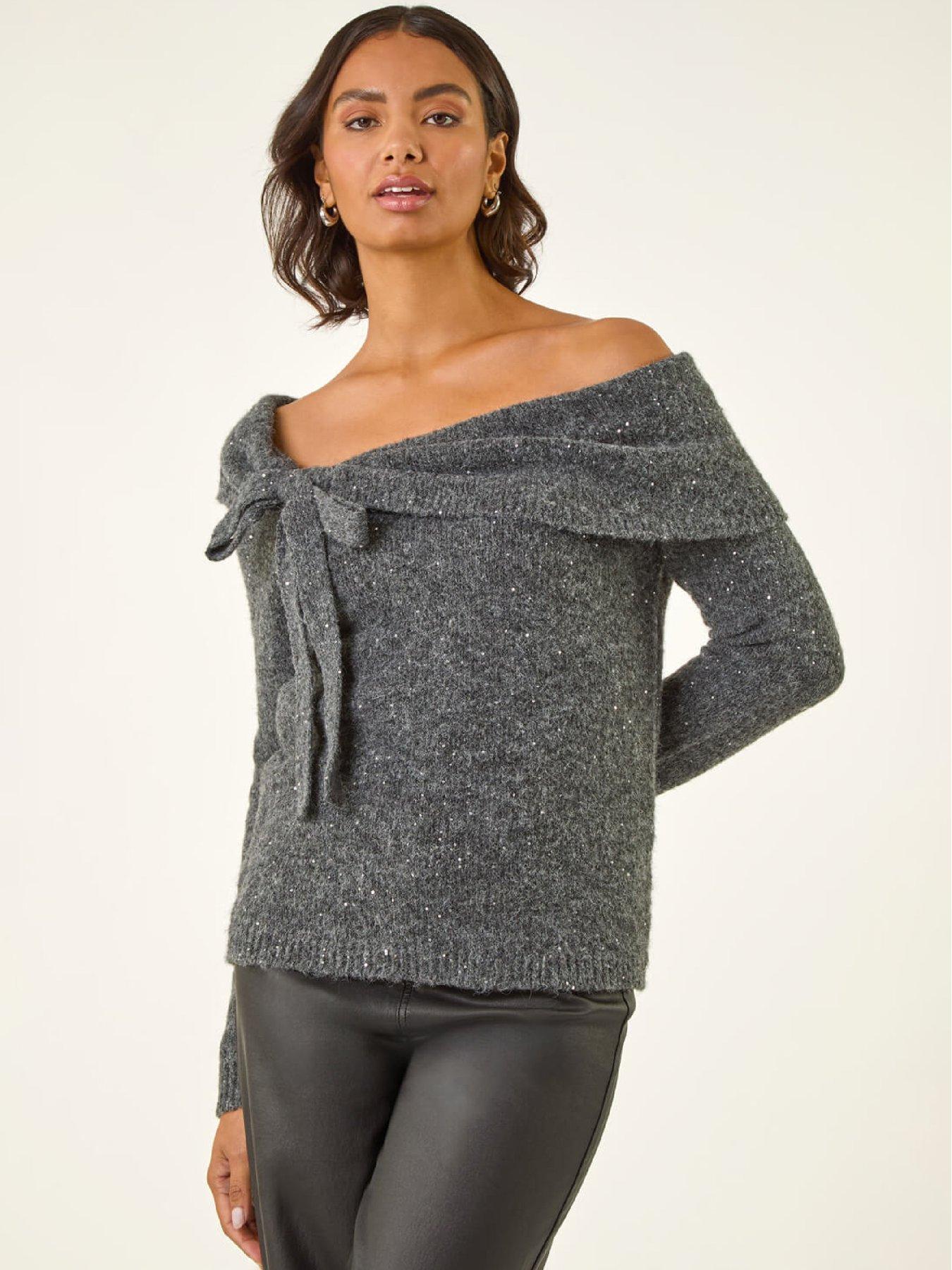 Roman Bardot Sequin Knit Jumper - Dark Grey
