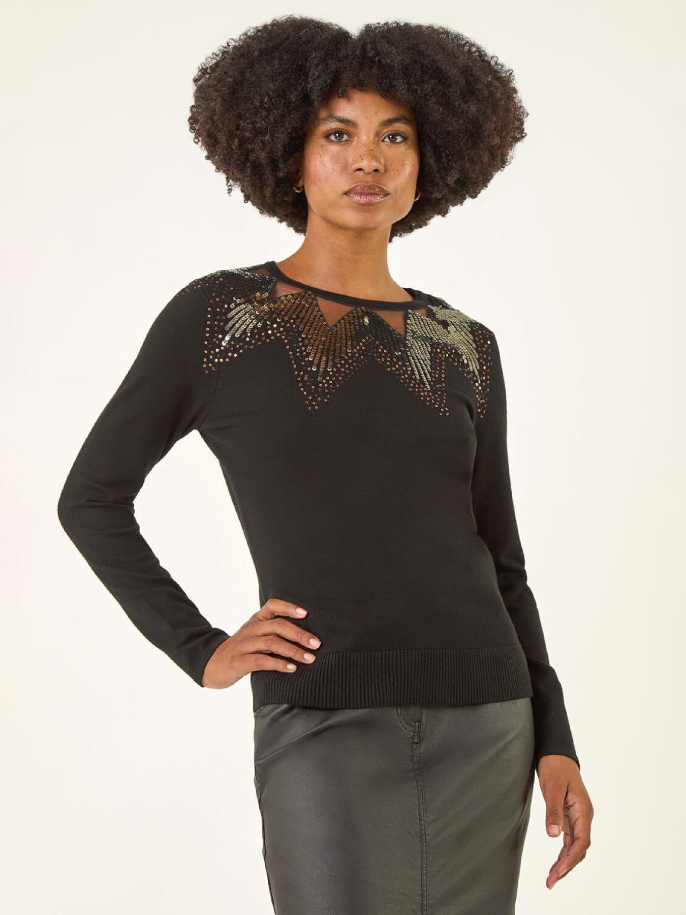  image of roman-sequin-mix-knit-top-black