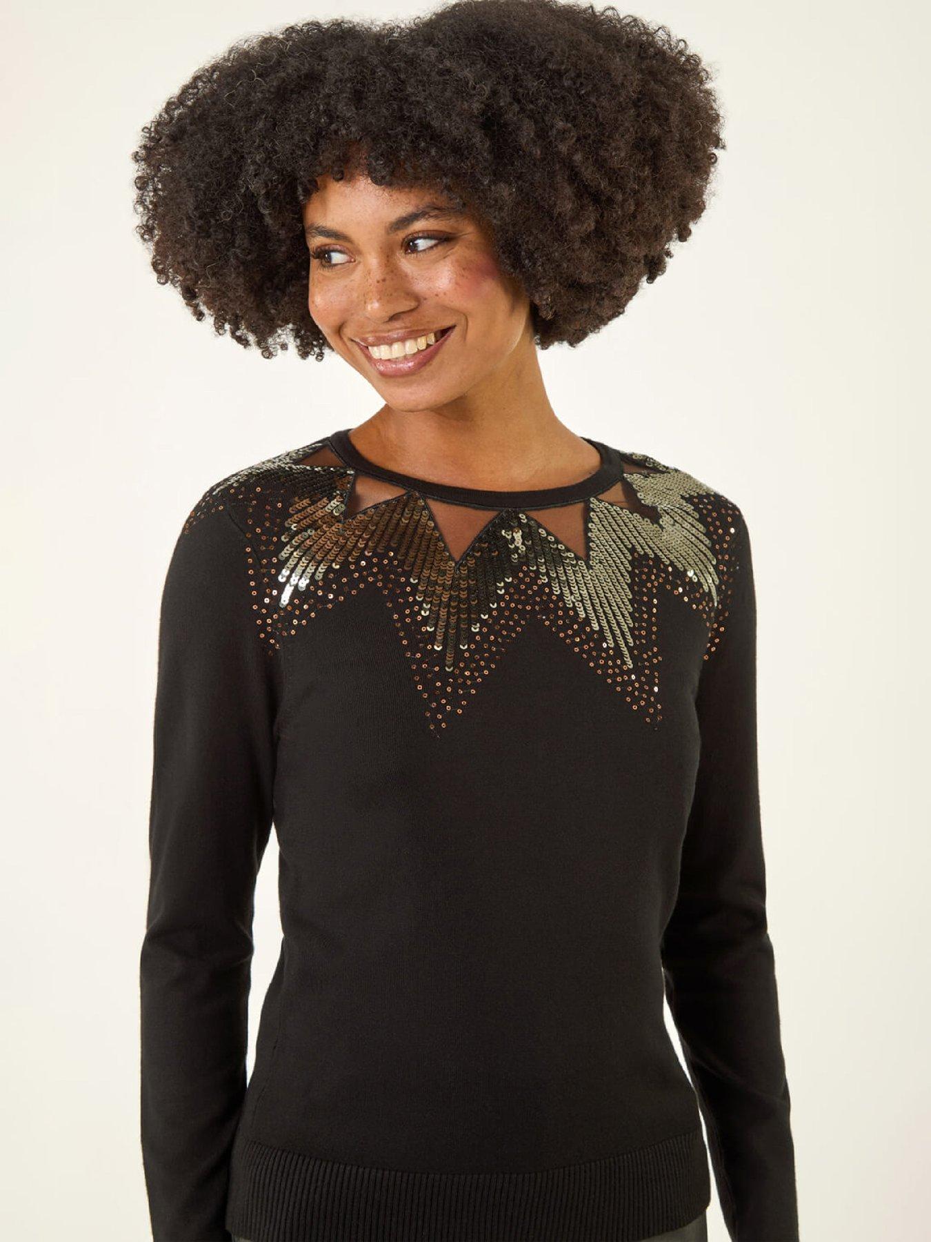  image of roman-sequin-mix-knit-top-black