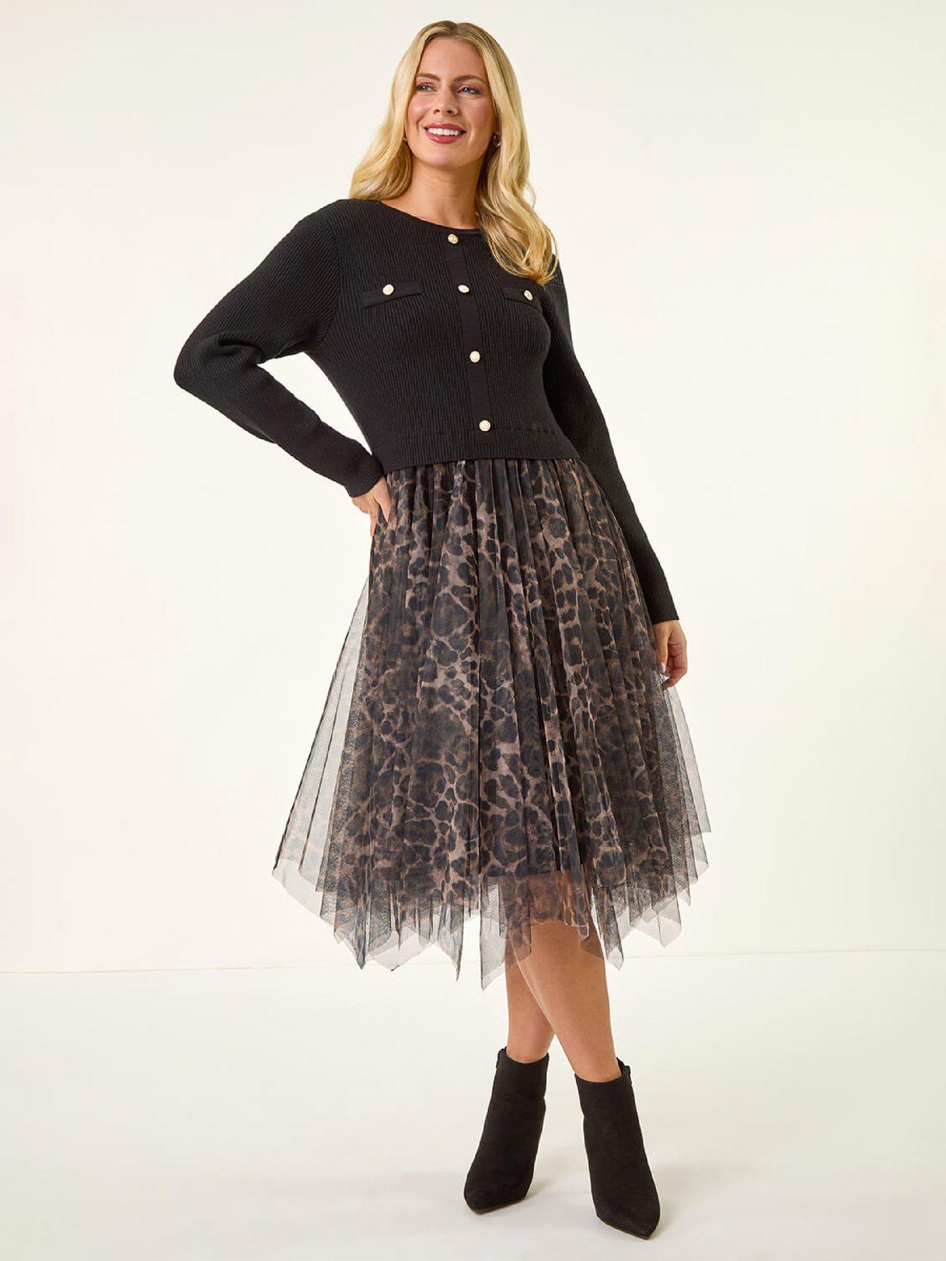 front image of roman-petite-animal-knitted-mesh-dress-black