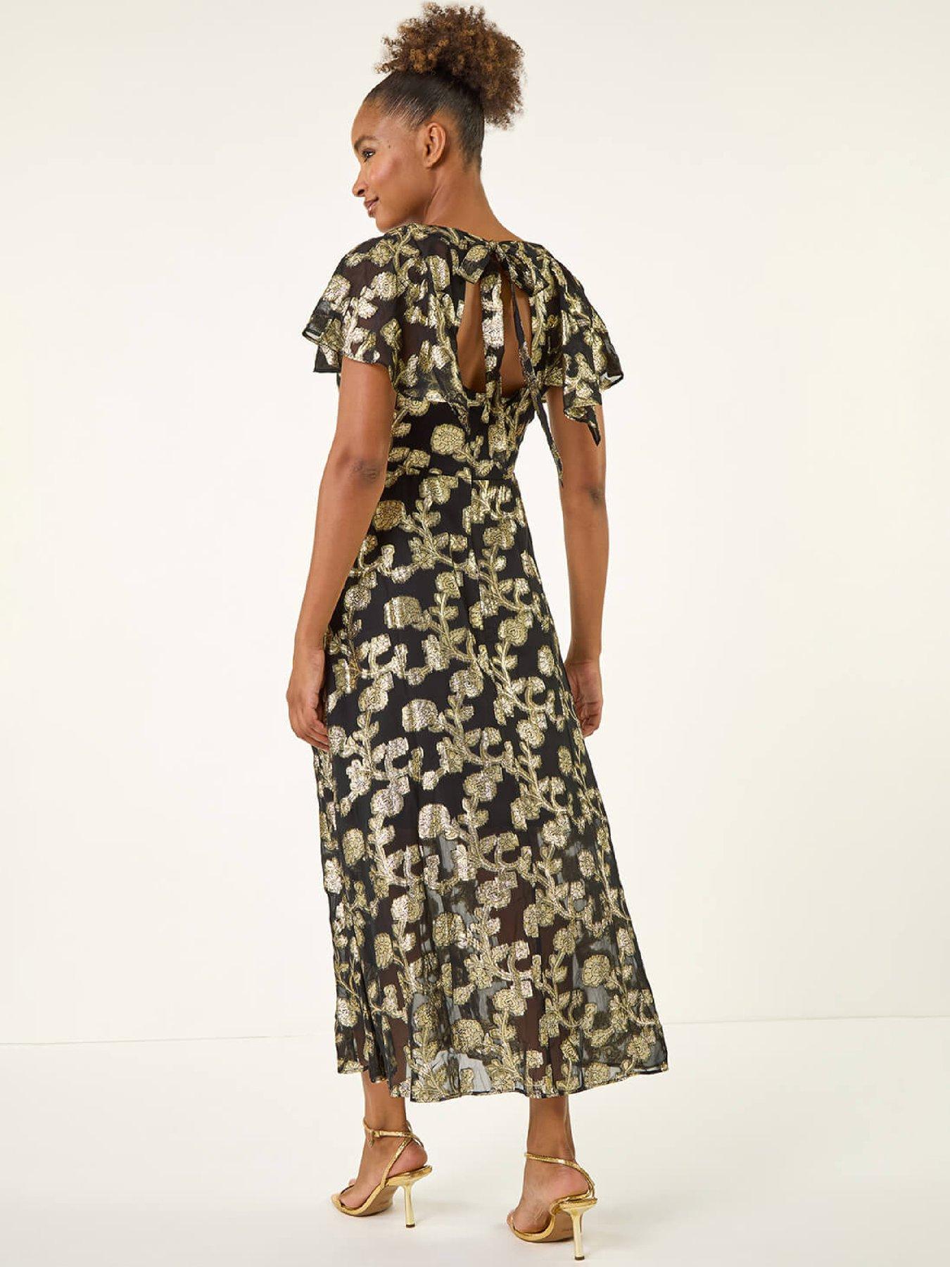  image of roman-burnout-floral-frill-midi-dress-black