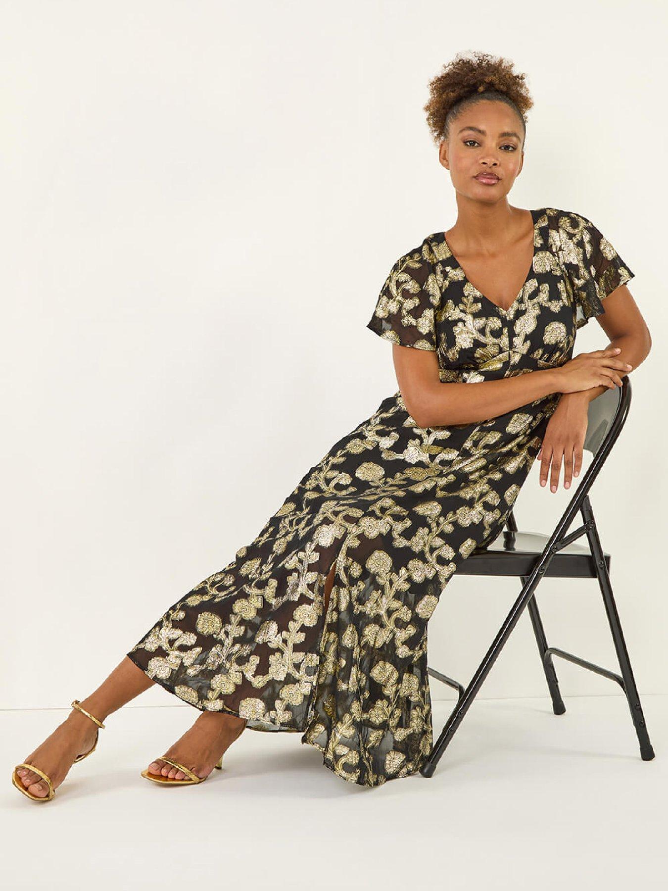  image of roman-burnout-floral-frill-midi-dress-black