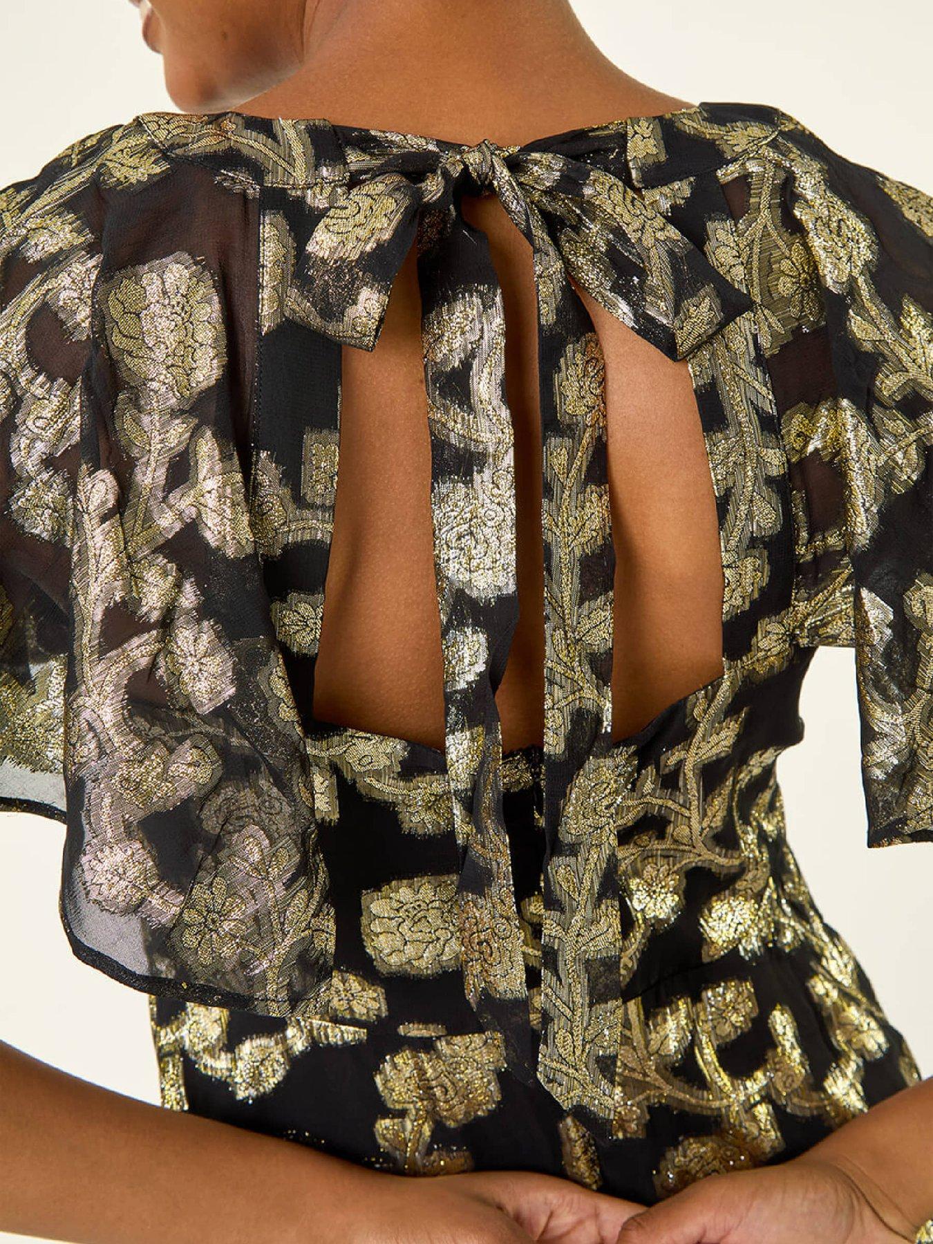  image of roman-burnout-floral-frill-midi-dress-black