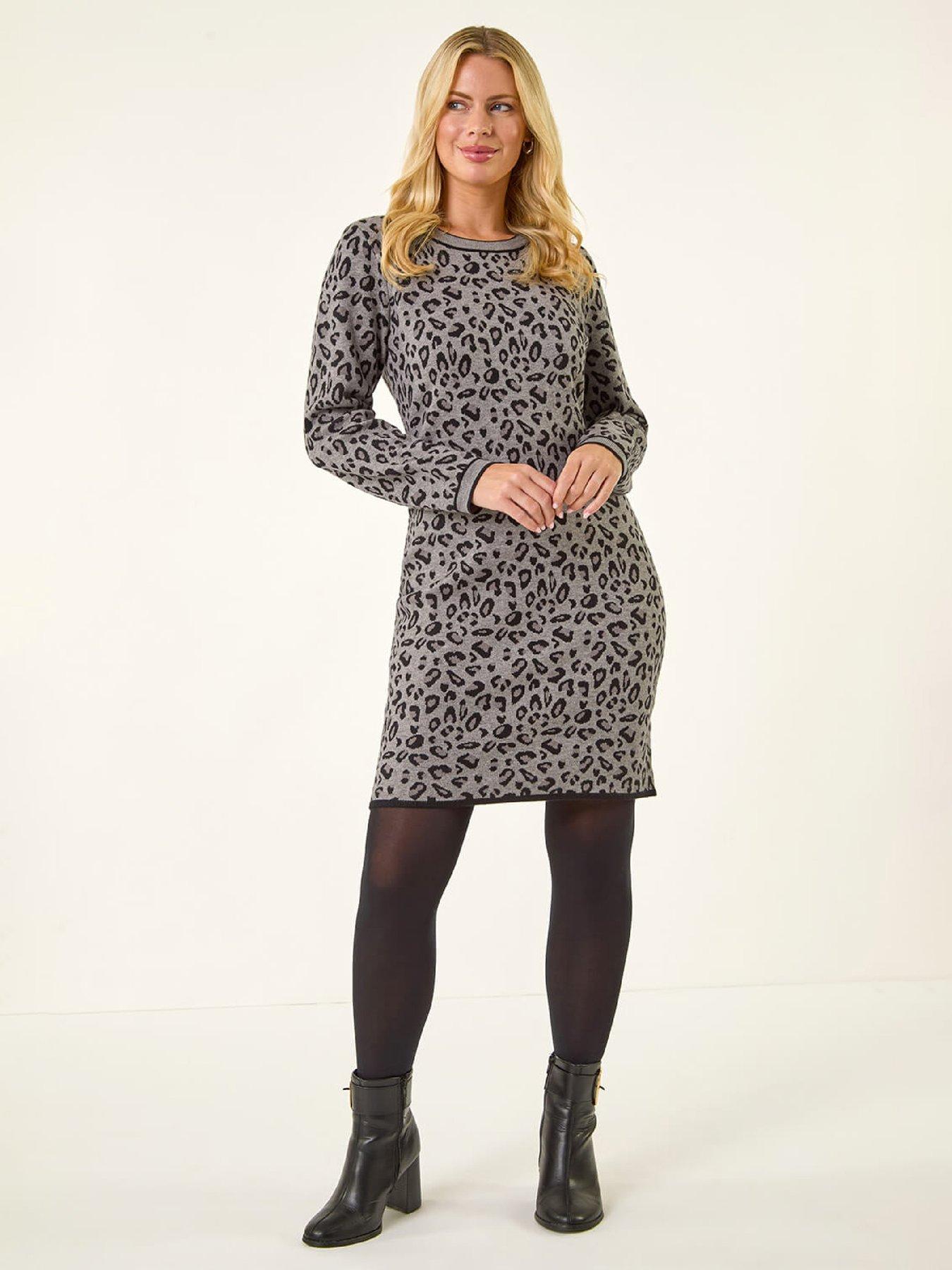 Roman Petite Leopard Knit Mini Dress - Grey
