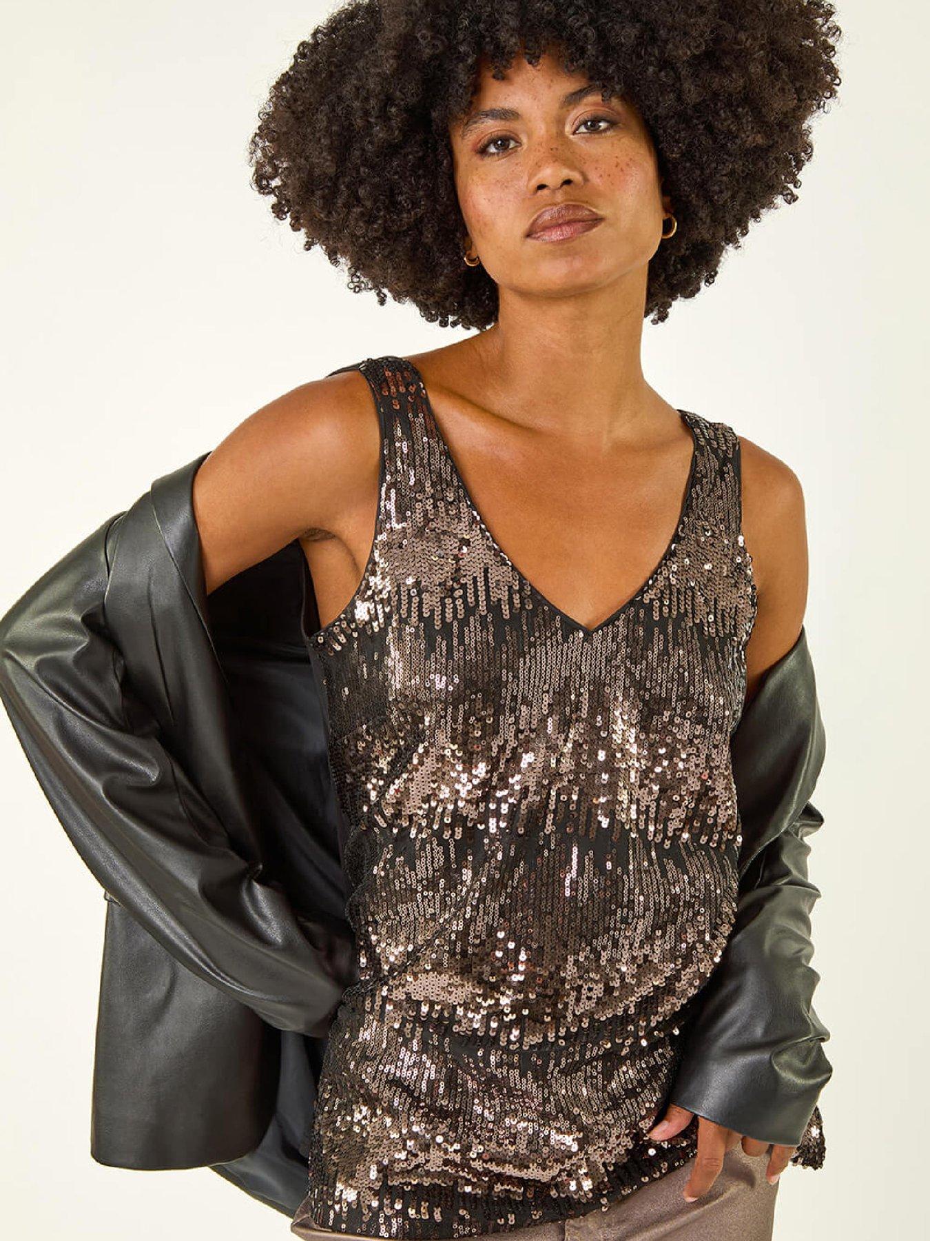 front image of roman-sequin-v-neck-vest-top-taupe