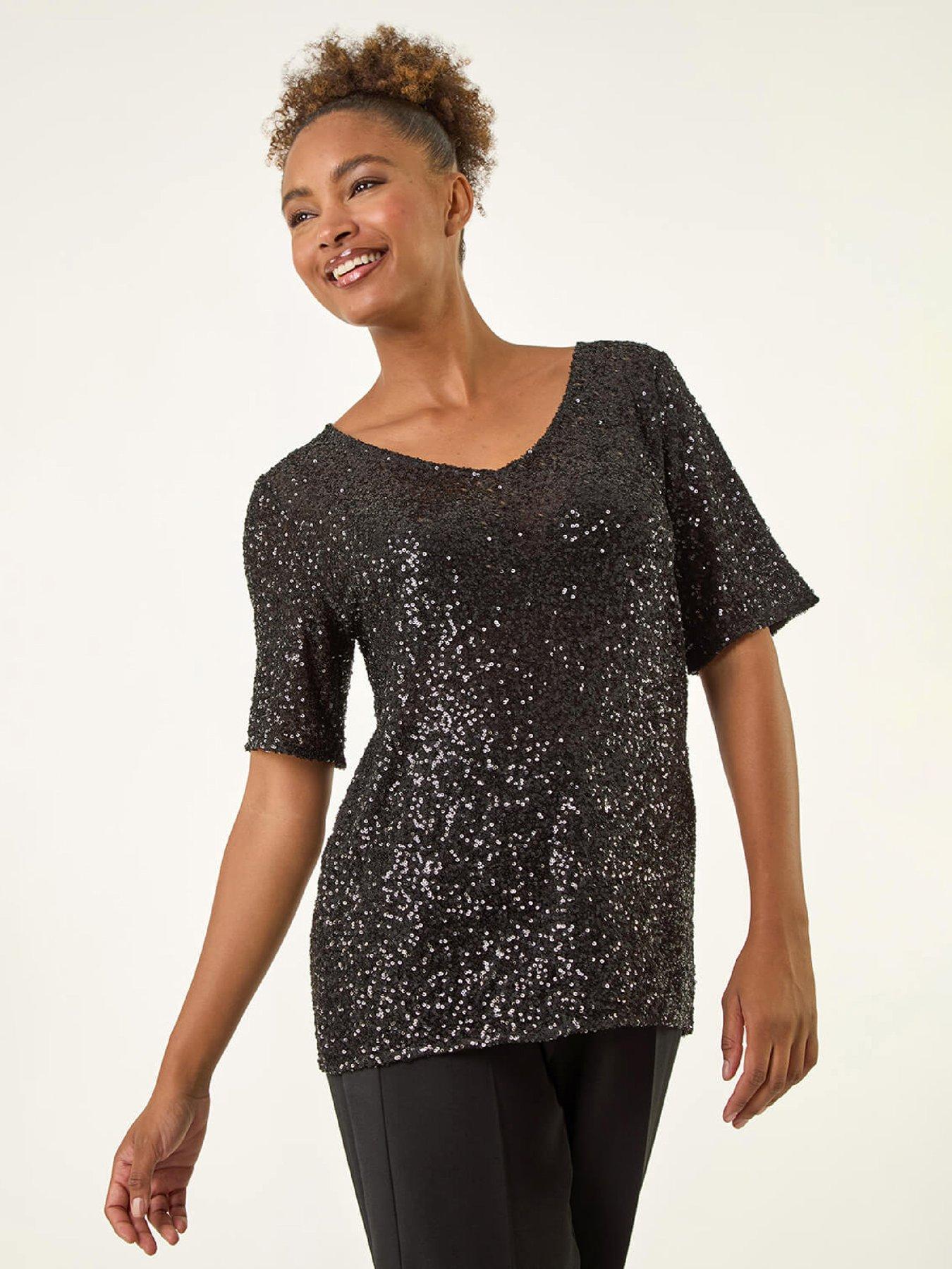  image of roman-sequin-embellished-v-neck-top-black