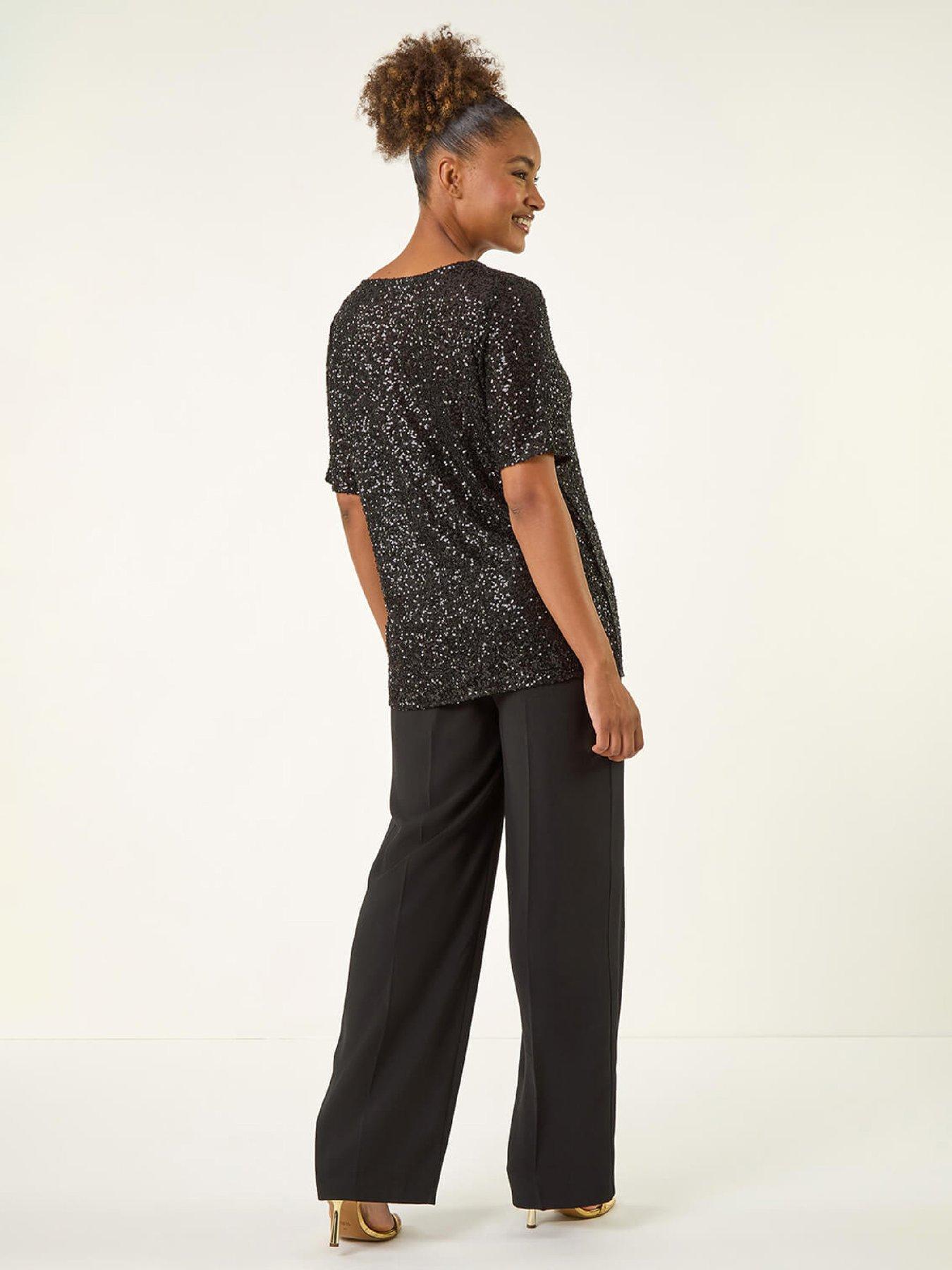  image of roman-sequin-embellished-v-neck-top-black