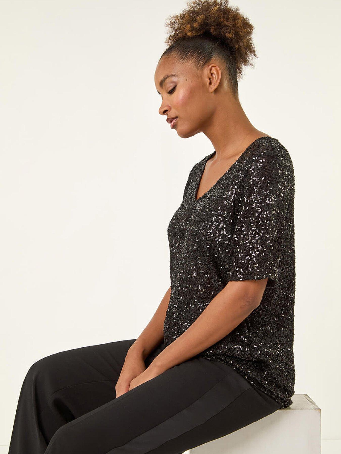  image of roman-sequin-embellished-v-neck-top-black