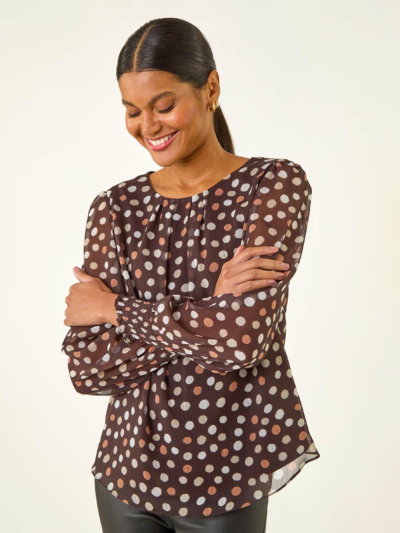 Roman Spot Print Shirred Top - Chocolate