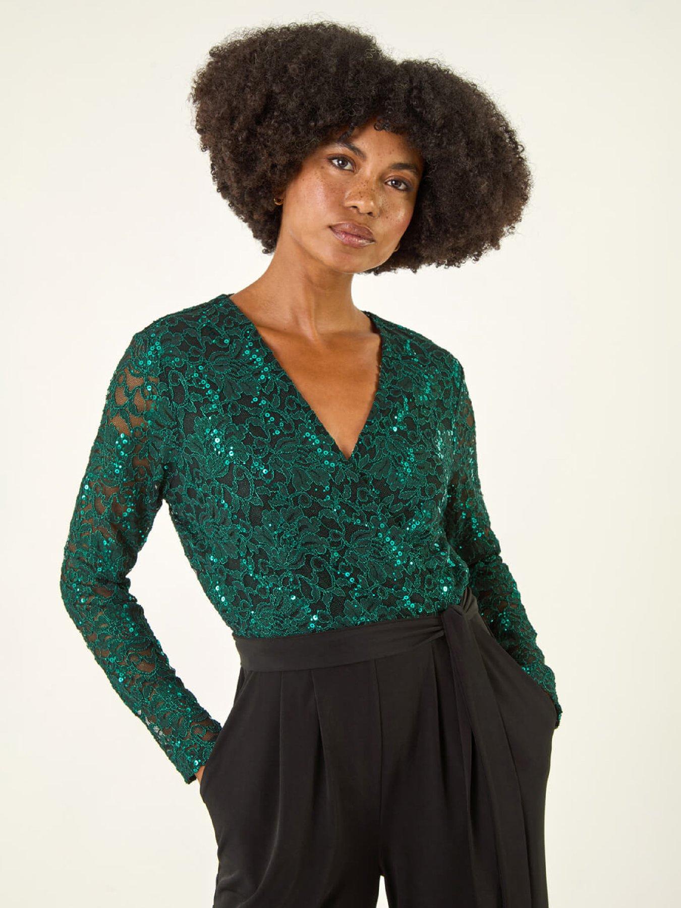 Roman Sequin Lace V-neck Stretch Jumpsuit - Green