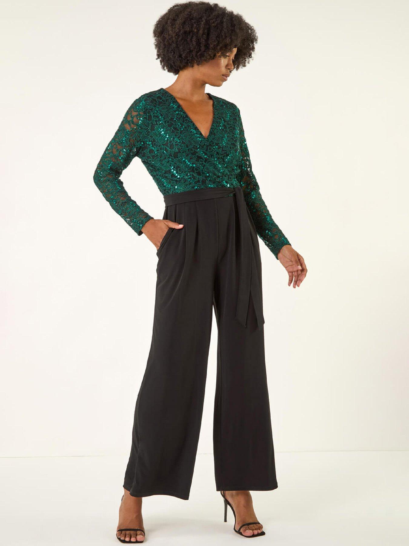 image of roman-sequin-lace-v-neck-stretch-jumpsuit-green