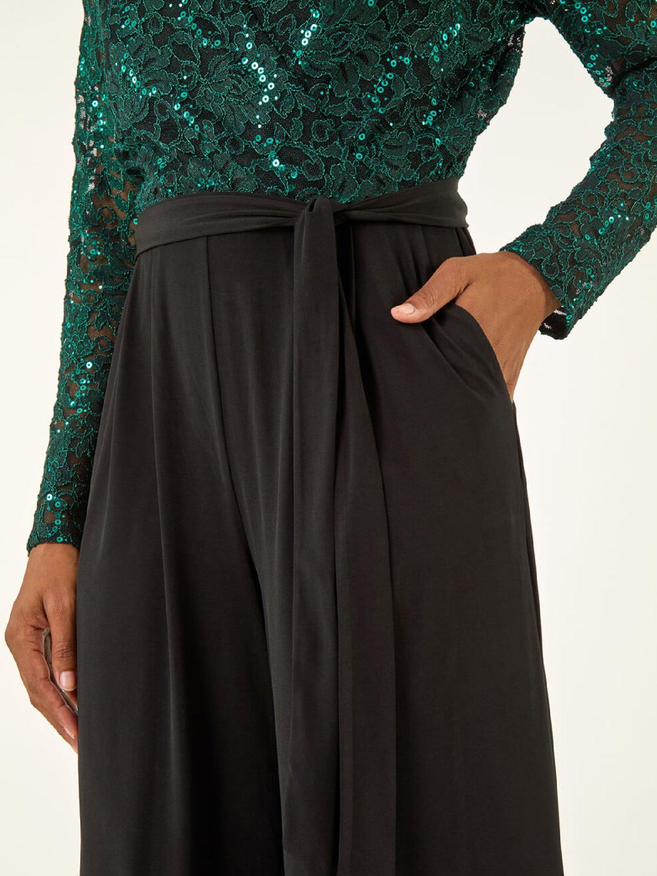  image of roman-sequin-lace-v-neck-stretch-jumpsuit-green