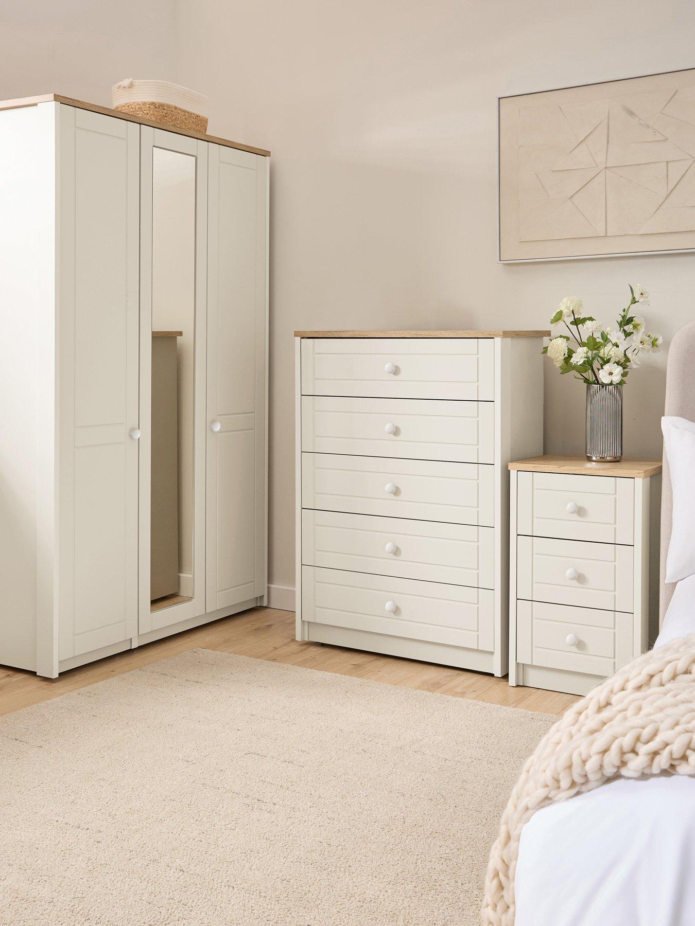 One Call Alderley Ready Assembled Bedroom Package- 3 Door Wardrobe, 5 Drawer Chest  &  2 X Bedside Cabinets