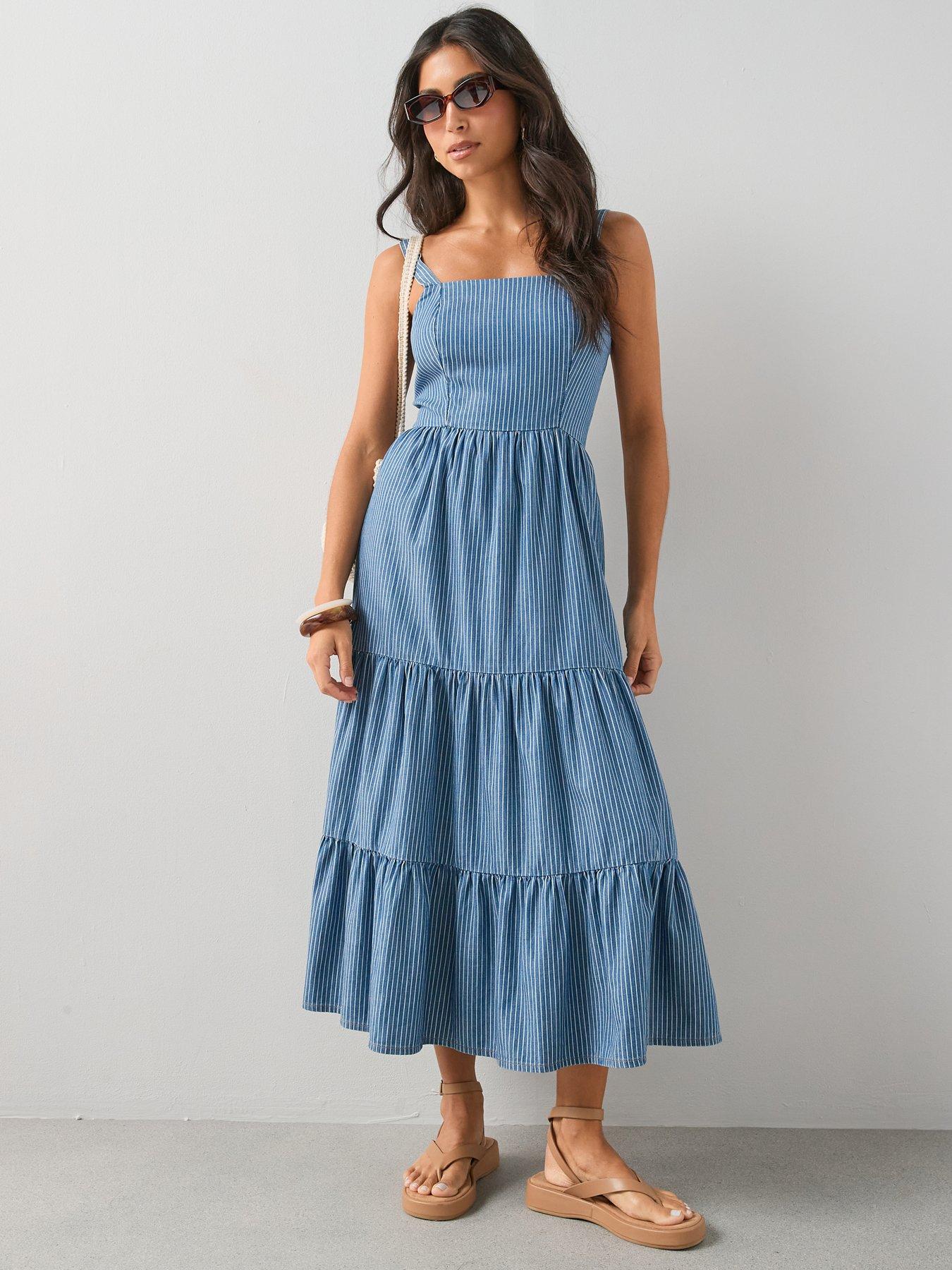 The Very Collection Denim Ticking Stripe Tiered Dress - Mid Wash