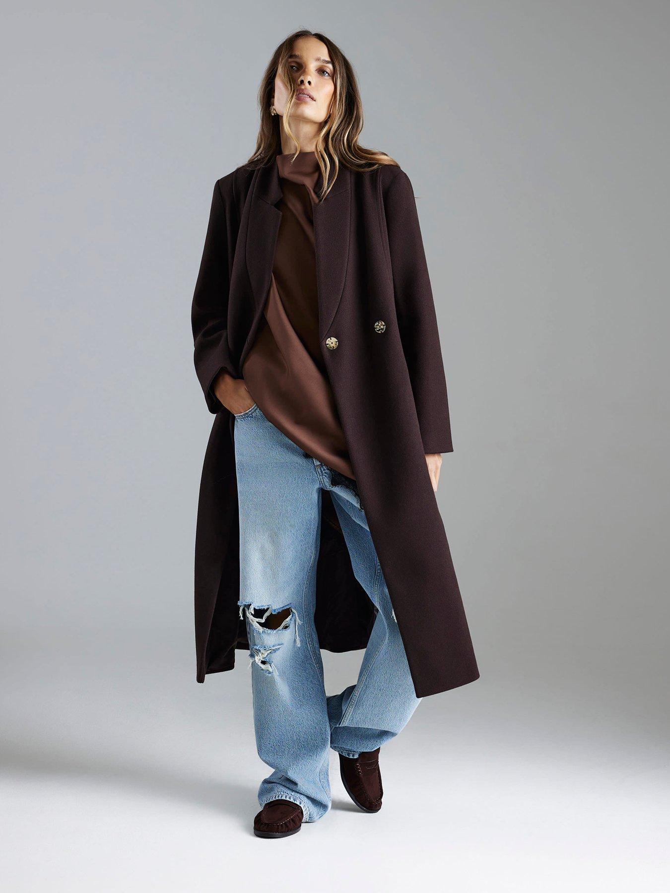 front image of river-island-notch-collar-belted-wrap-coat-brown