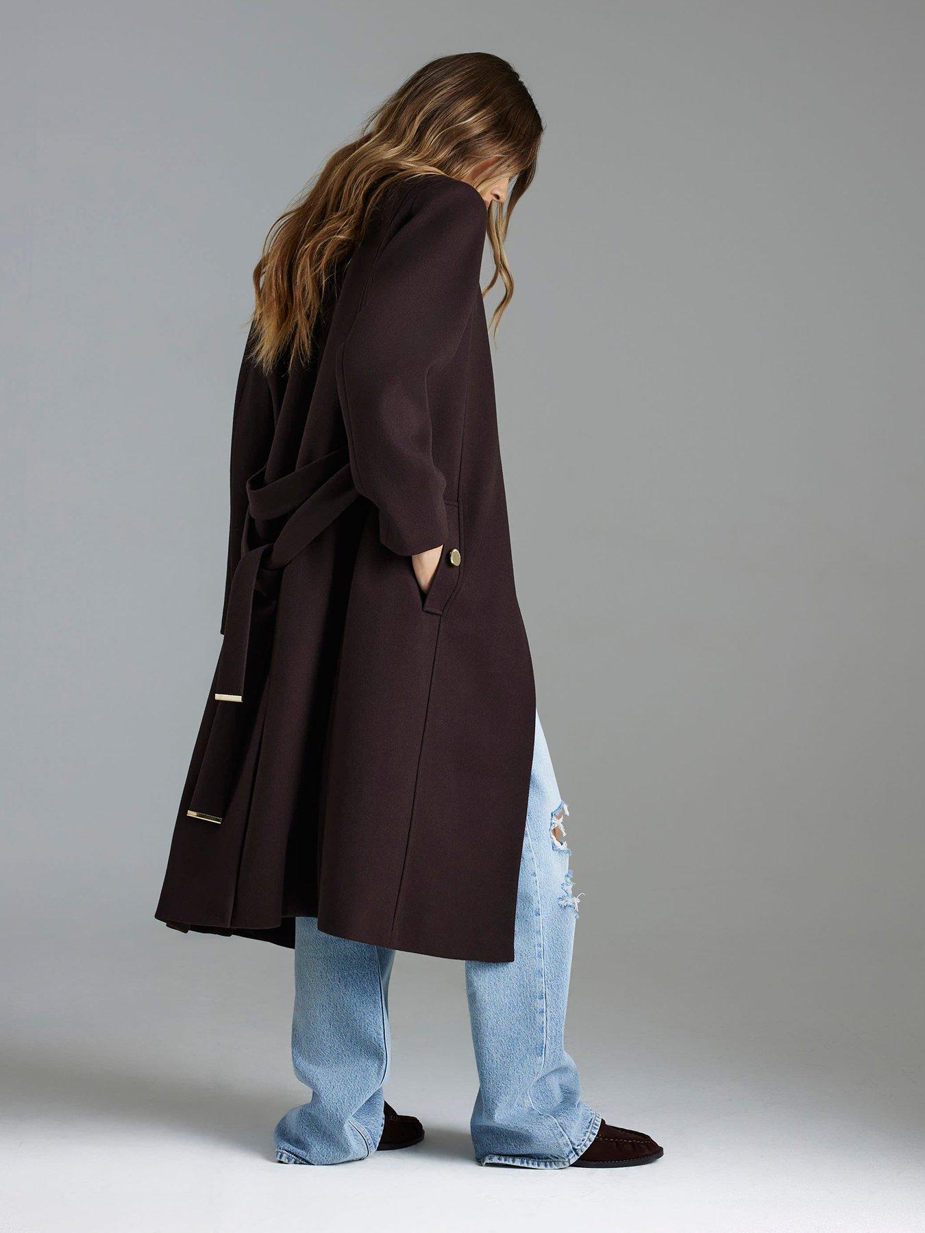 stillFront image of river-island-notch-collar-belted-wrap-coat-brown