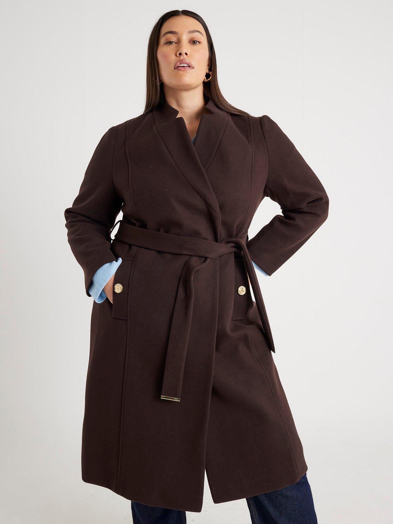  image of river-island-notch-collar-belted-wrap-coat-brown