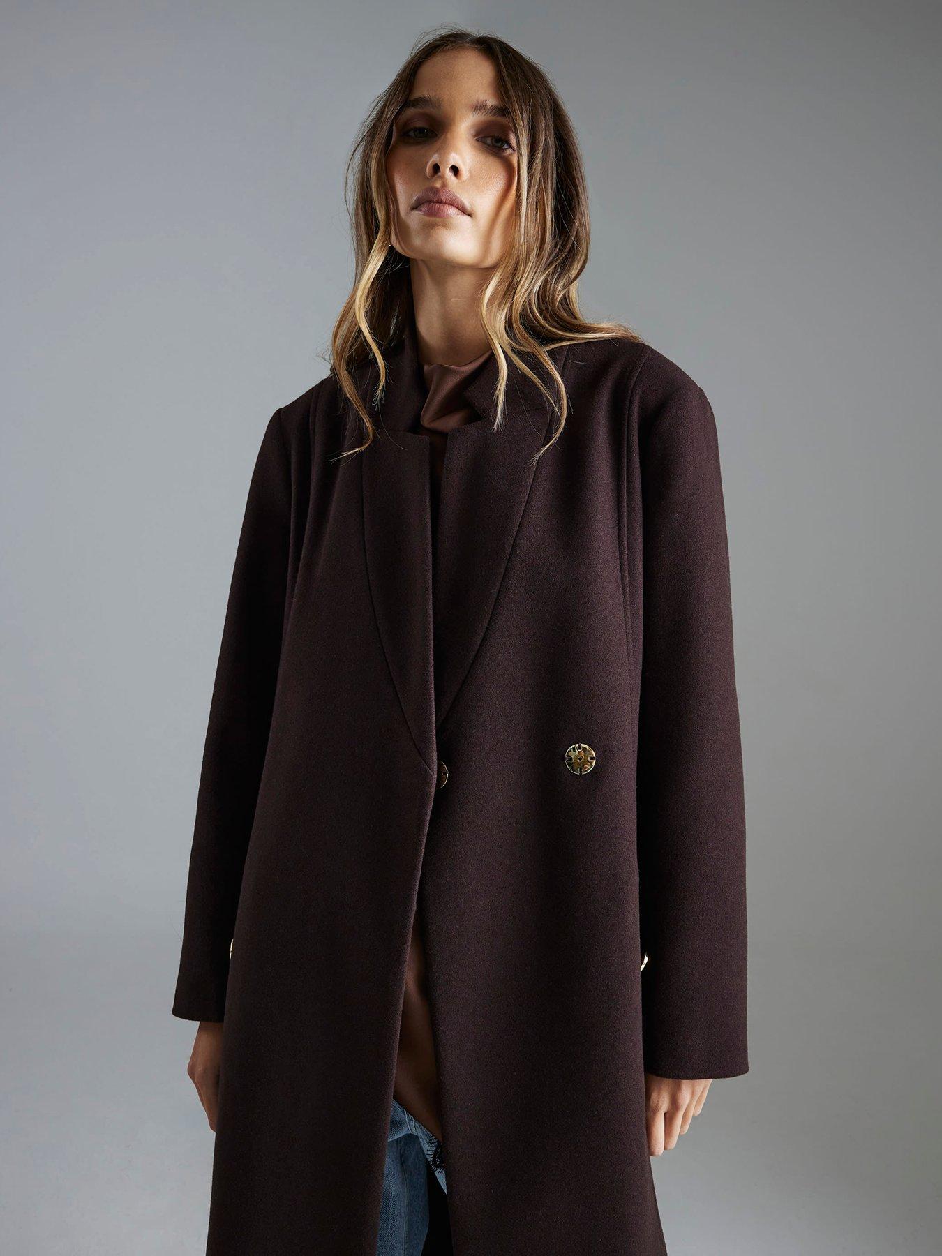  image of river-island-notch-collar-belted-wrap-coat-brown