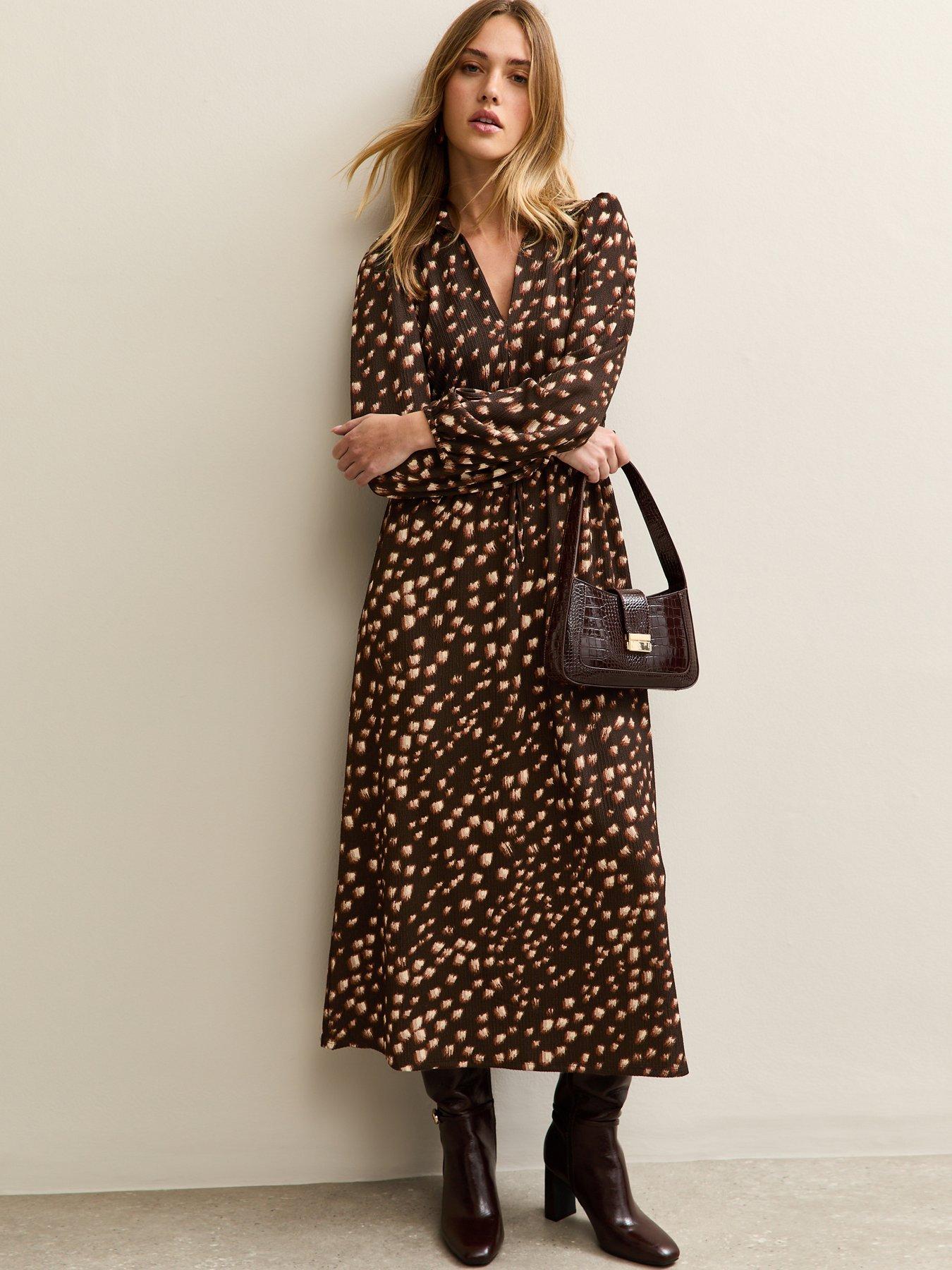 Image 1 of 5 of New Look Brown Crinkle Texture Printed Midi Shirt Dress