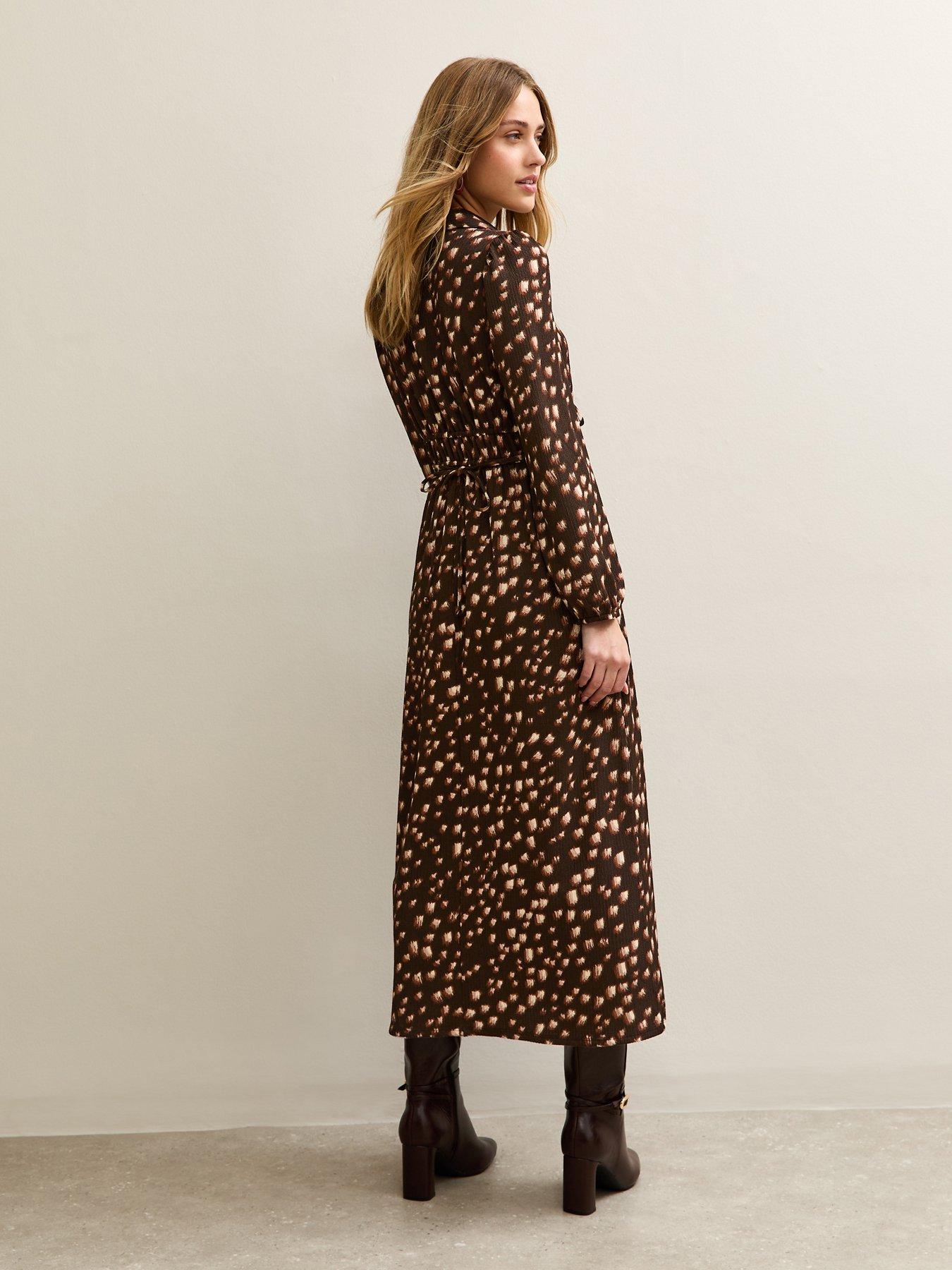 Image 2 of 5 of New Look Brown Crinkle Texture Printed Midi Shirt Dress
