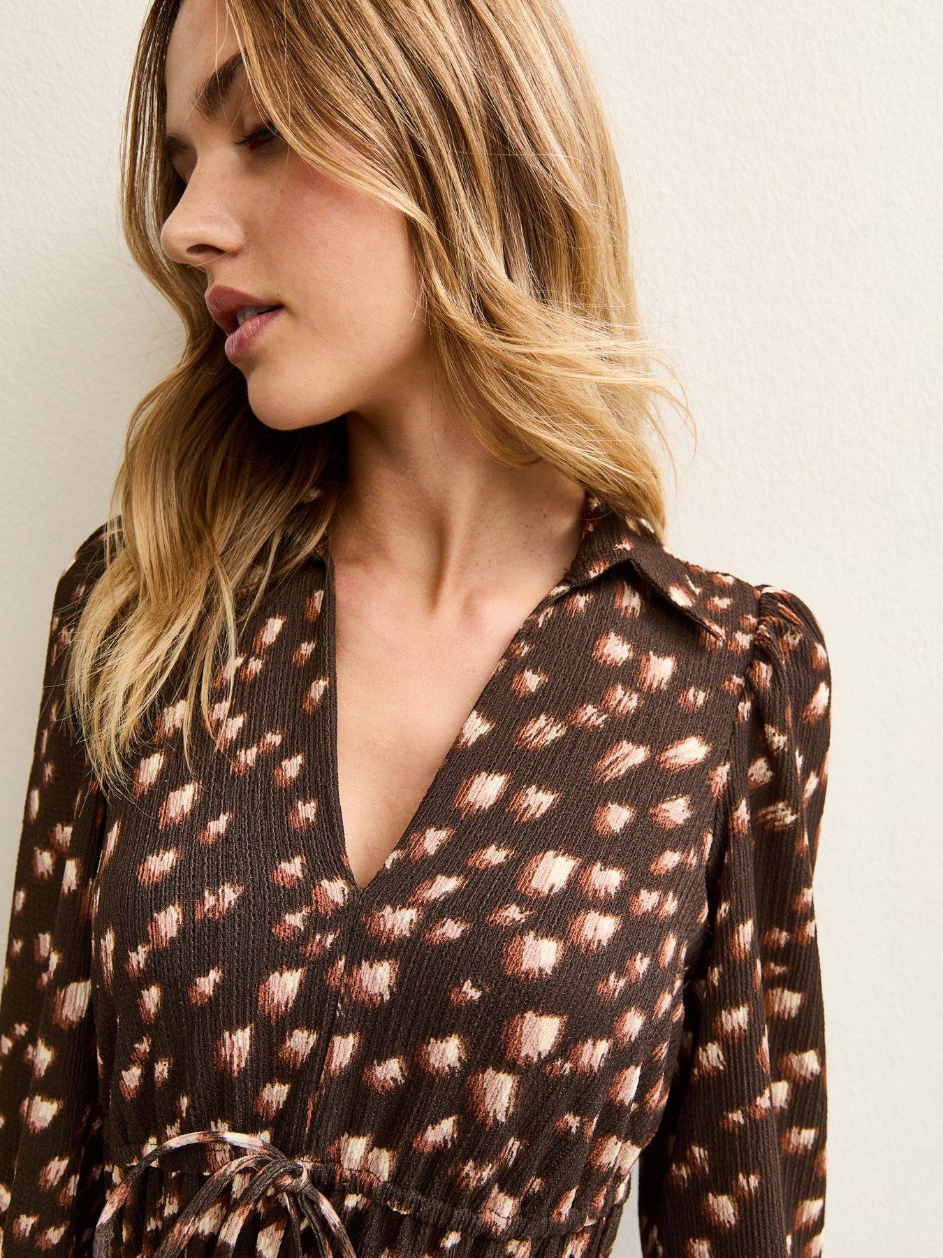 Image 4 of 5 of New Look Brown Crinkle Texture Printed Midi Shirt Dress