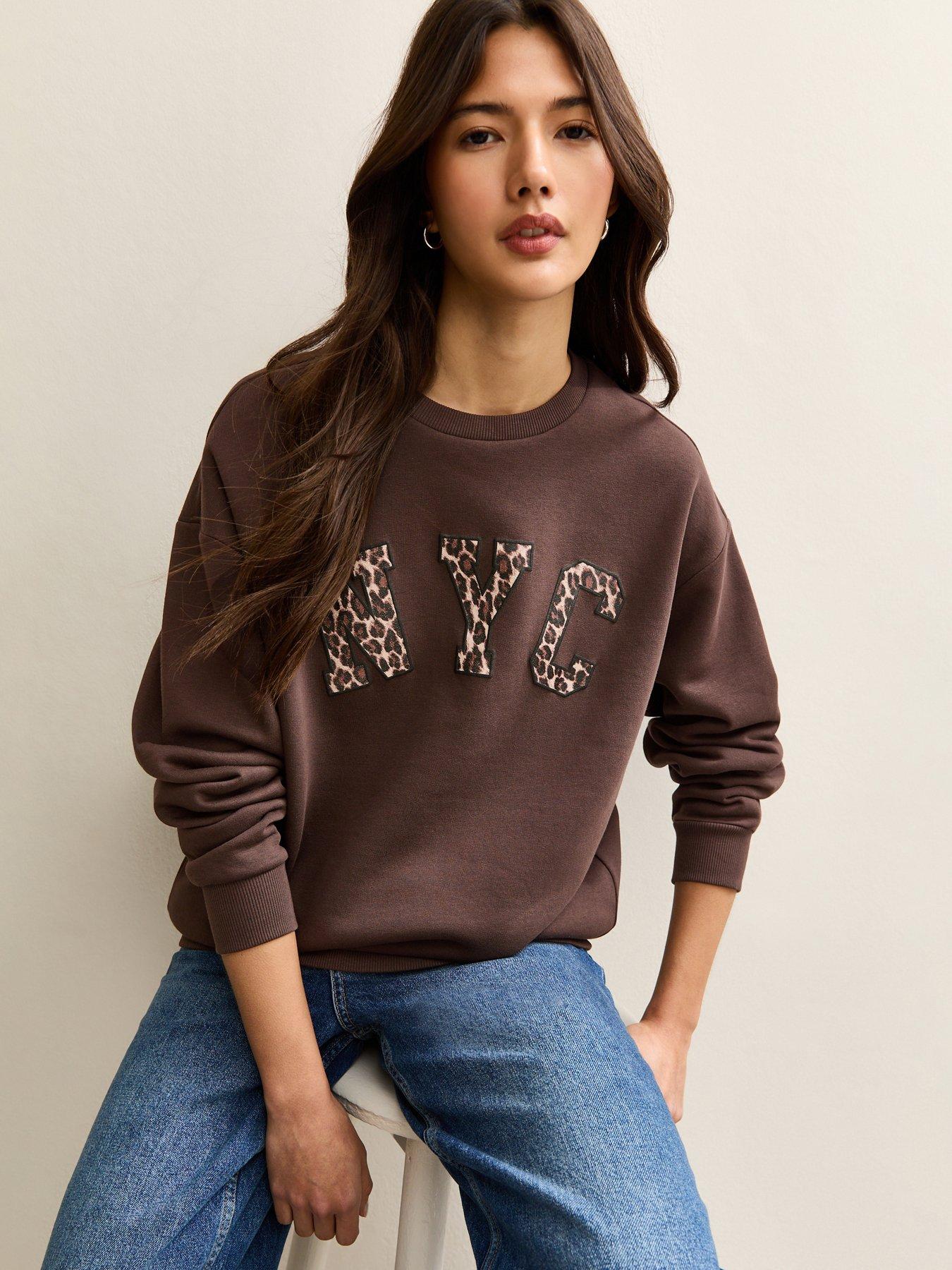 Image 1 of 5 of New Look NYC Leopard Print Logo Sweatshirt - Brown