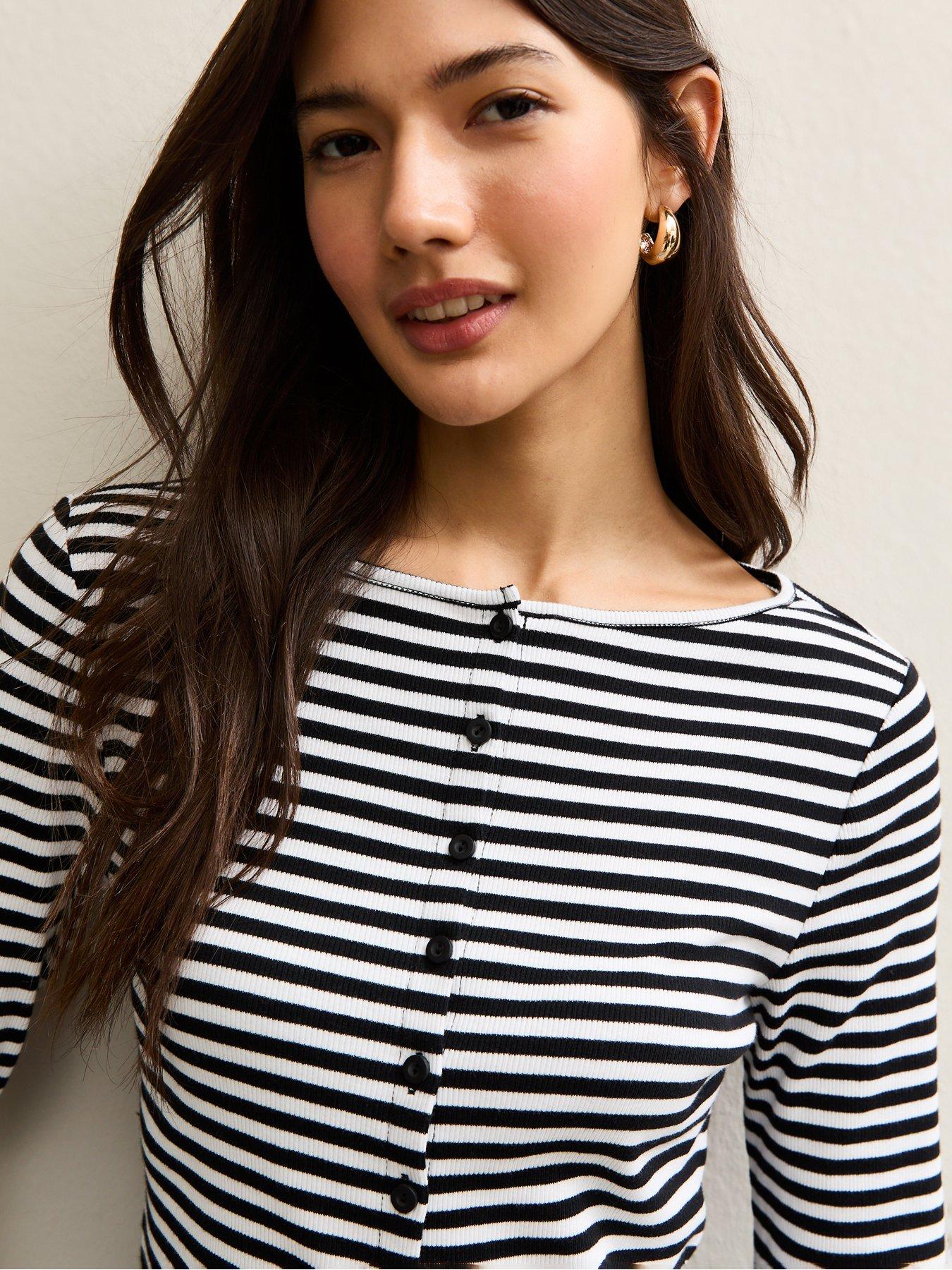  image of new-look-black-striped-button-up-long-sleeve-top-cream