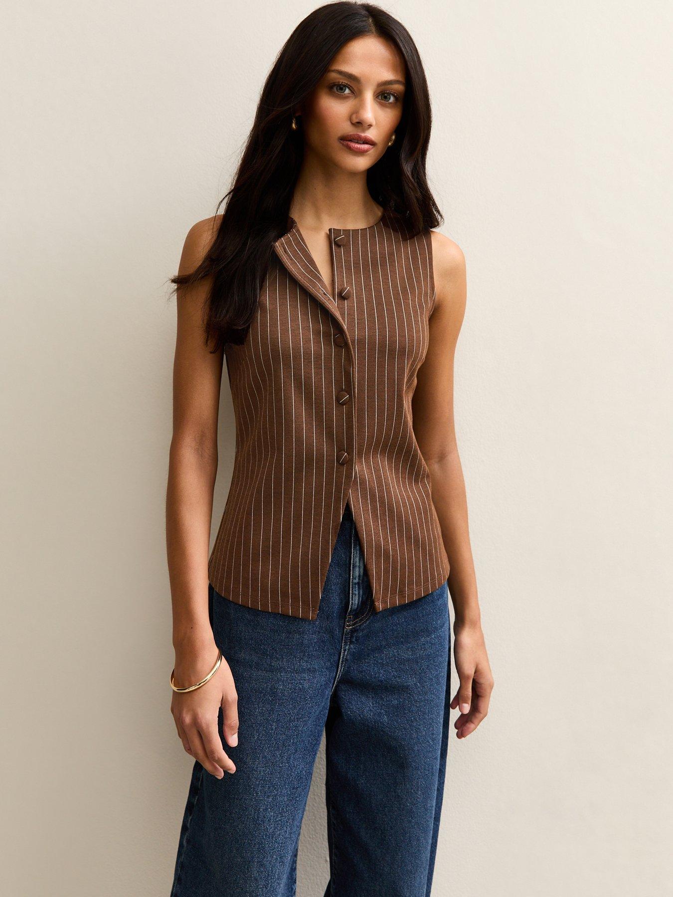New Look Brown Soft Touch Pinstriped Waistcoat