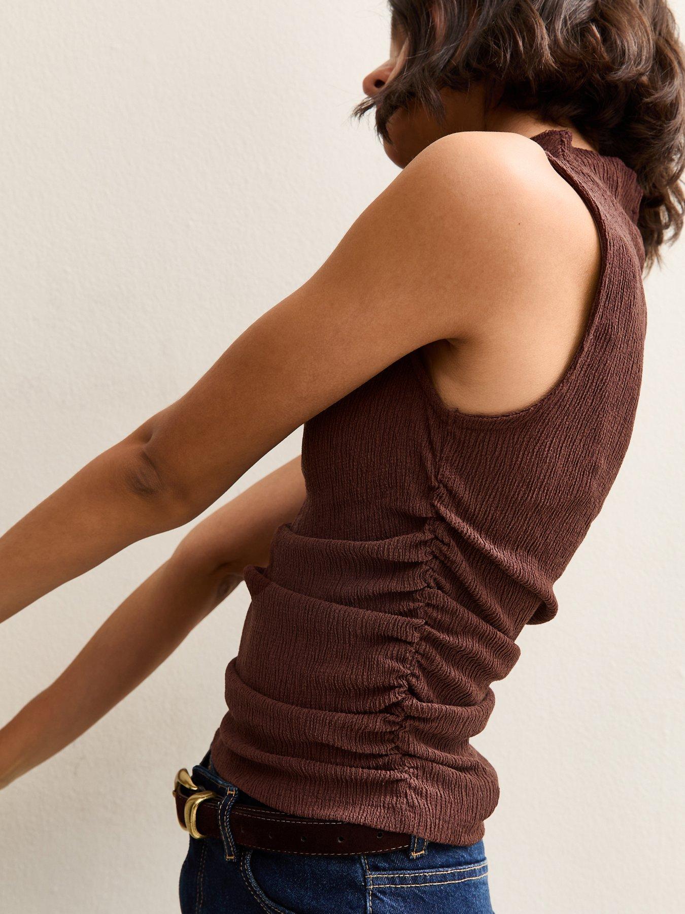  image of new-look-textured-jersey-ruched-tank-top-brown