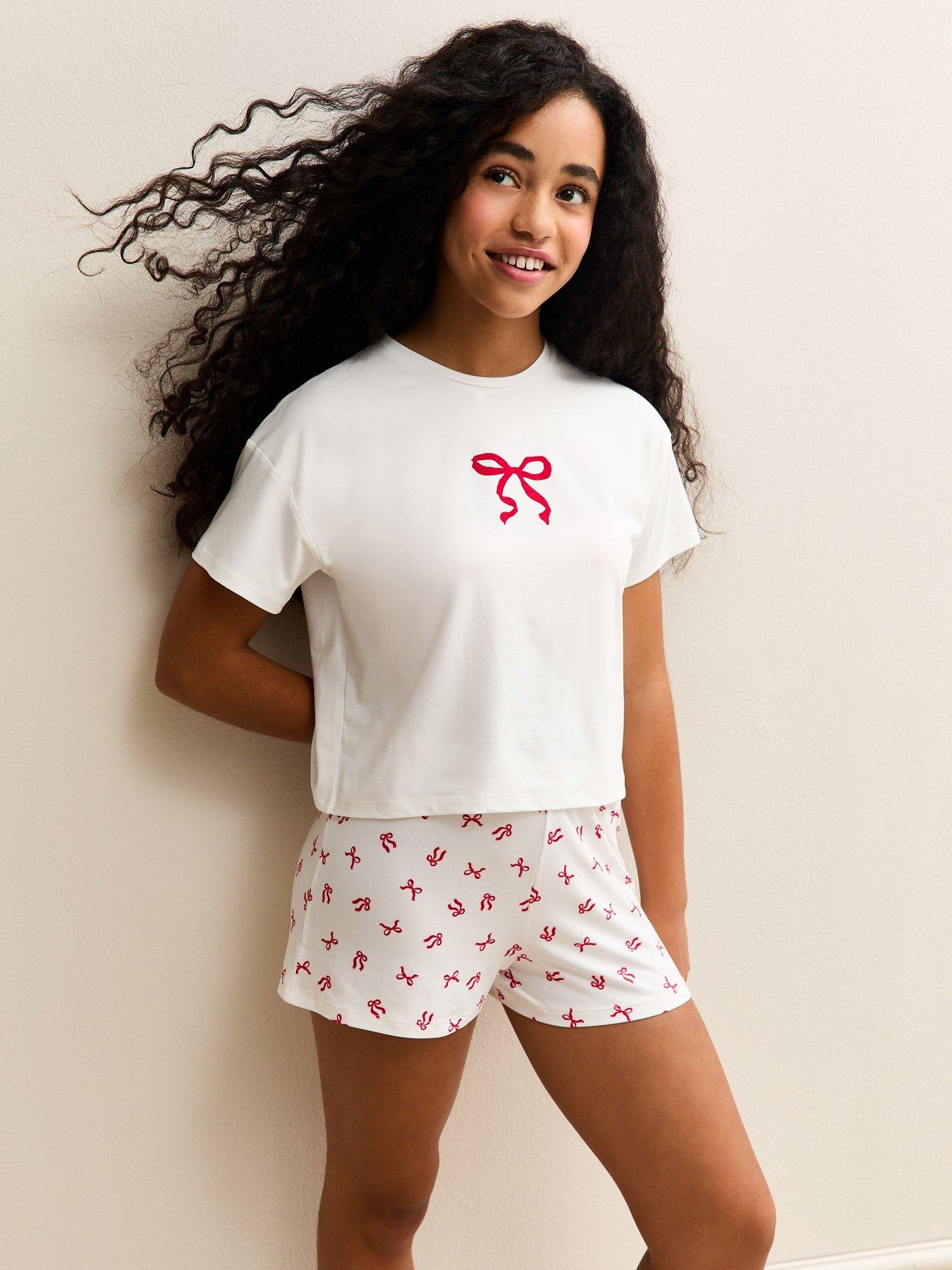 front image of new-look-915-girls-bow-print-t-shirt-and-shorts-pyjama-set-white