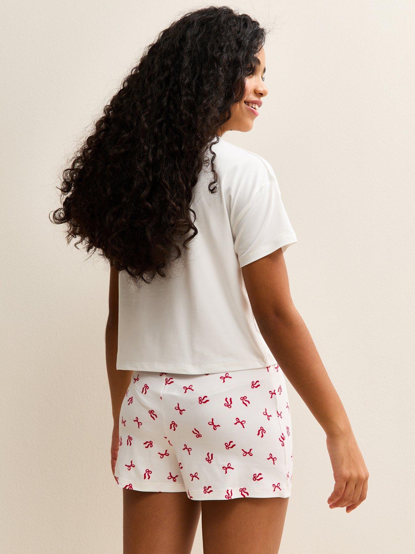stillFront image of new-look-915-girls-bow-print-t-shirt-and-shorts-pyjama-set-white