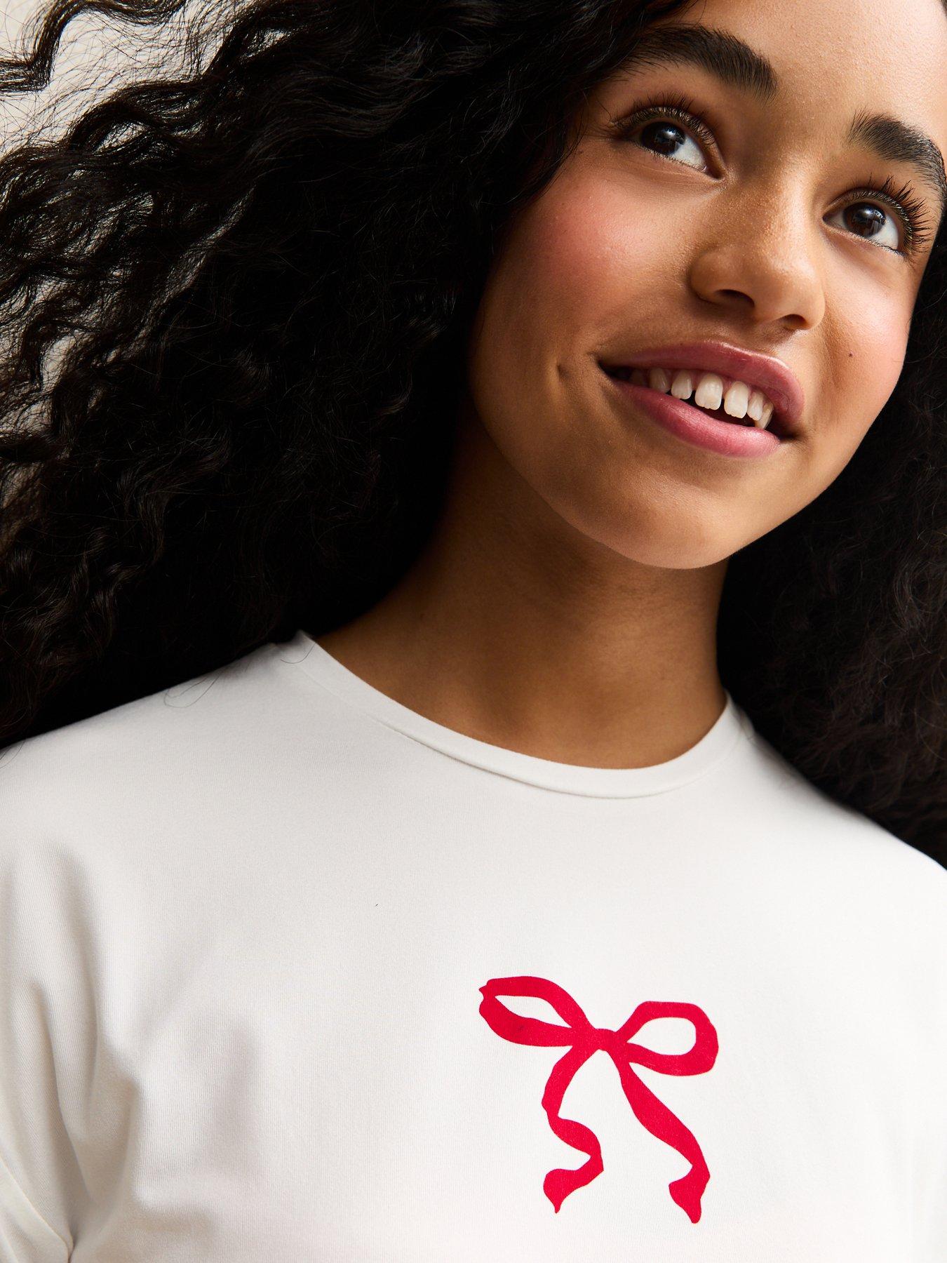  image of new-look-915-girls-bow-print-t-shirt-and-shorts-pyjama-set-white