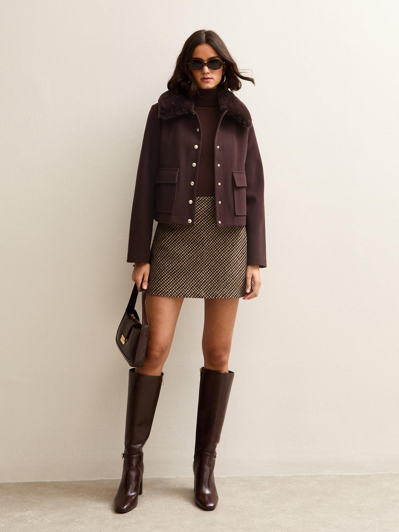 New Look Dark Brown Faux Fur Collar Short Shacket | Littlewoods