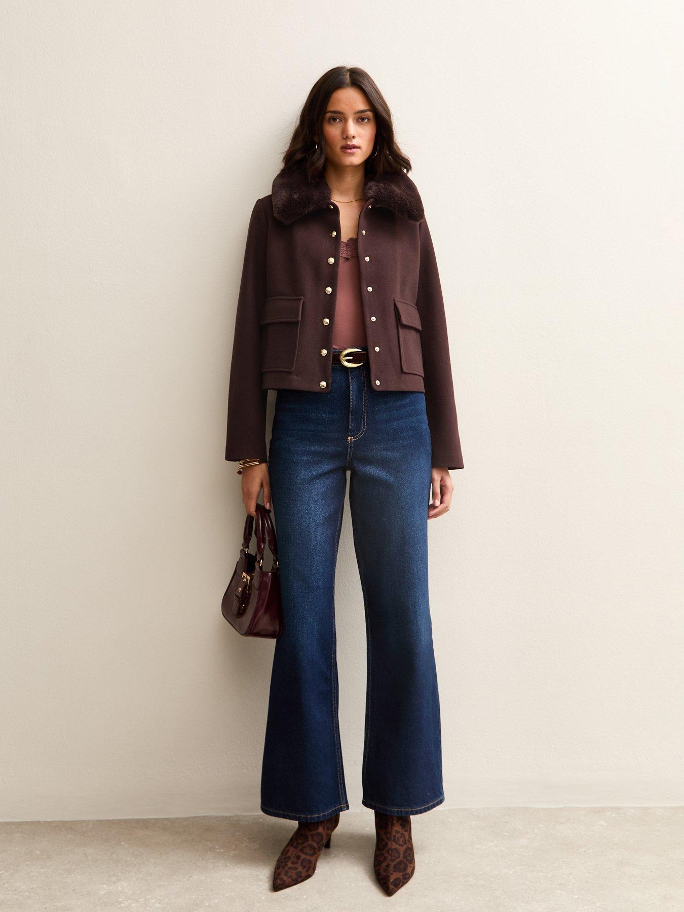 New Look Dark Brown Faux Fur Collar Short Shacket | Littlewoods