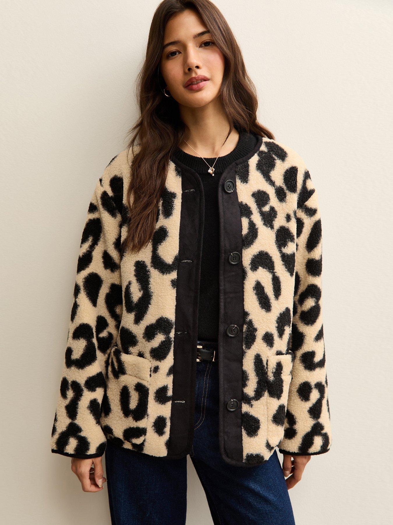 Image 1 of 5 of New Look Cream Leopard Print Borg Textured Jacket
