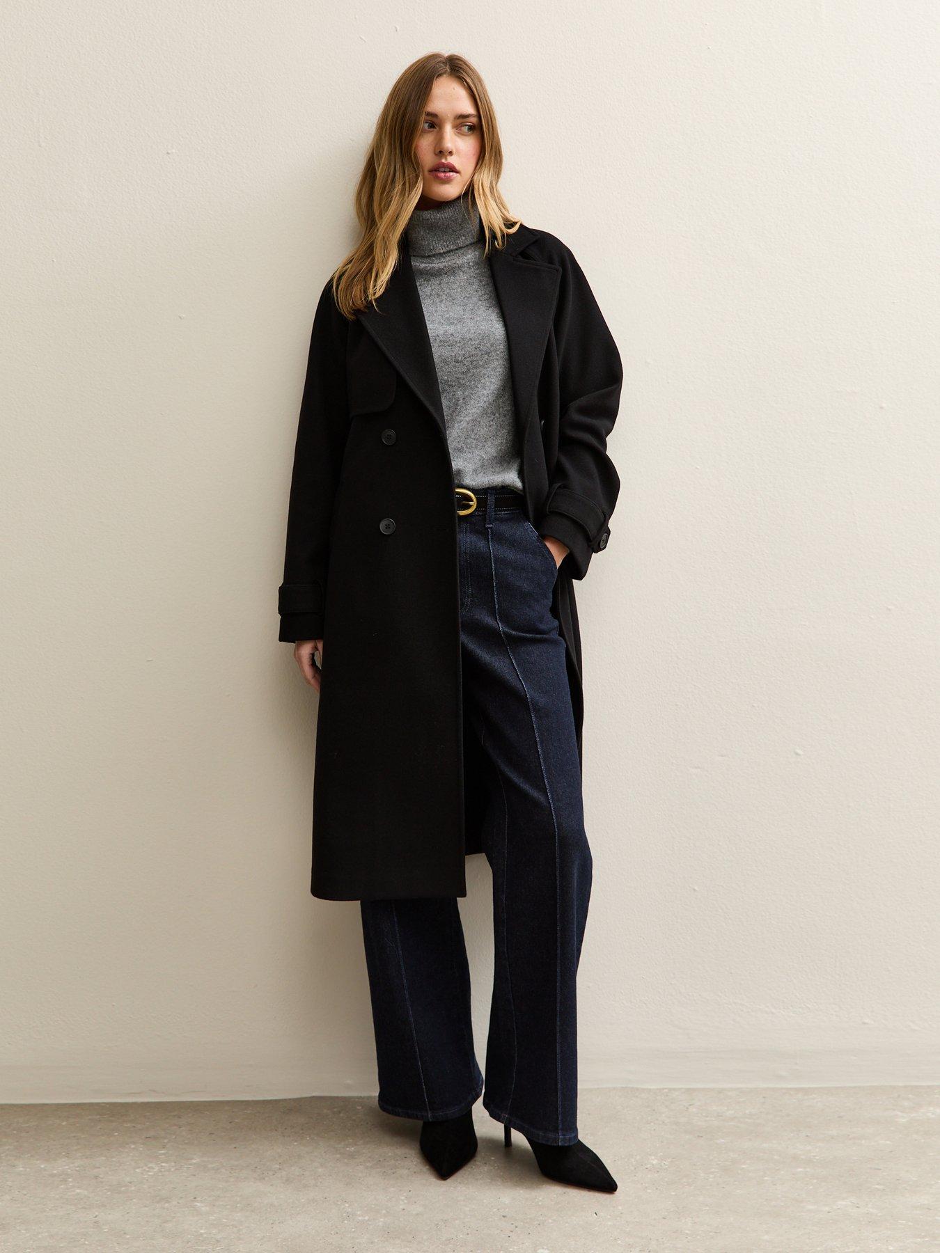 Image 3 of 5 of New Look Brushed Double Breasted Trench Coat - Black