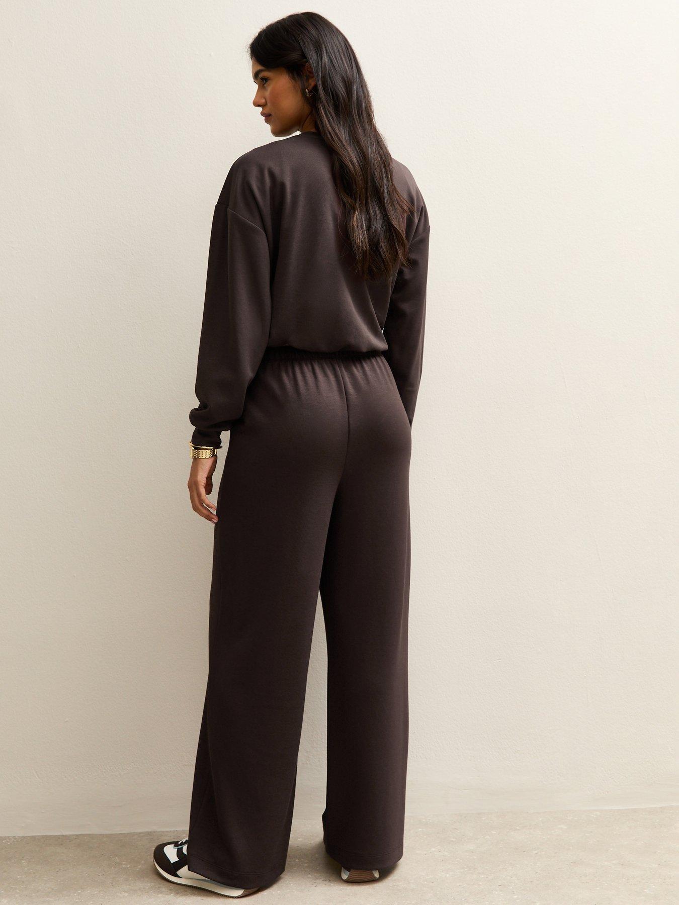 Image 2 of 5 of New Look Jersey Wide Leg Drawstring Waist Joggers - Brown