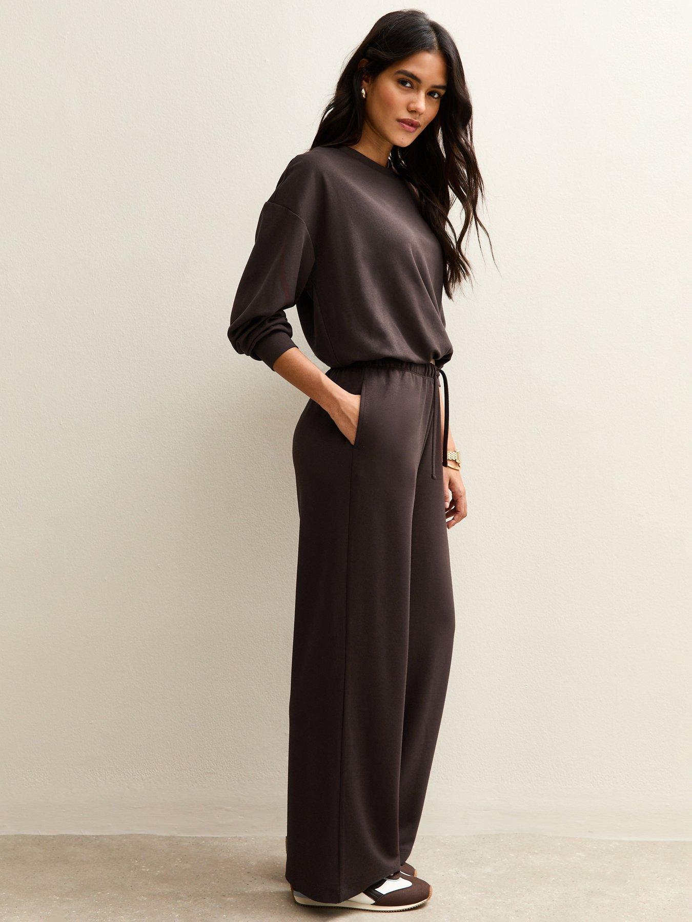 Image 3 of 5 of New Look Jersey Wide Leg Drawstring Waist Joggers - Brown