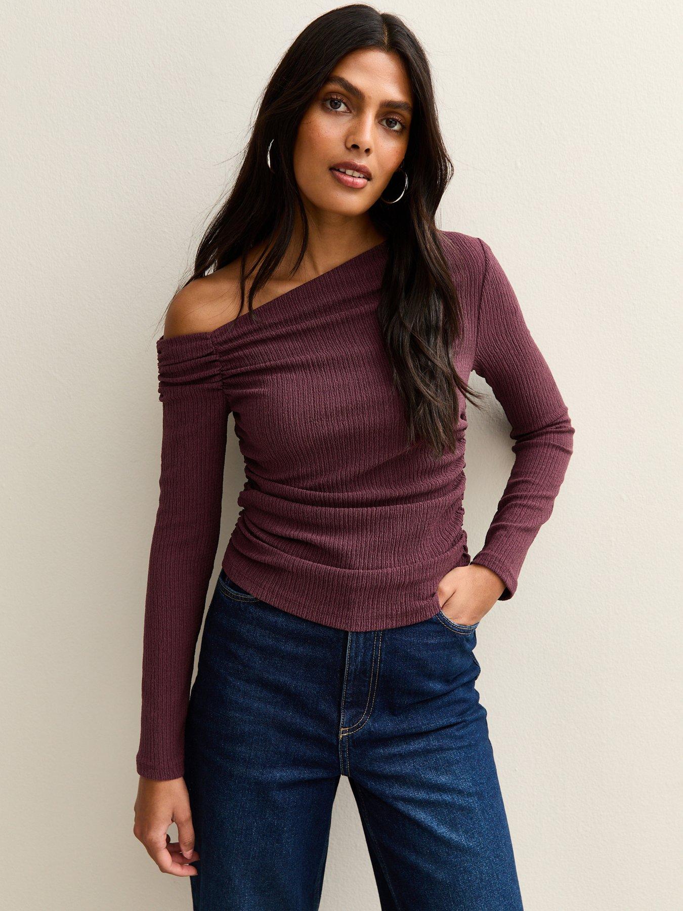  image of new-look-burgundy-asymmetric-ruched-waist-long-sleeve-top-red