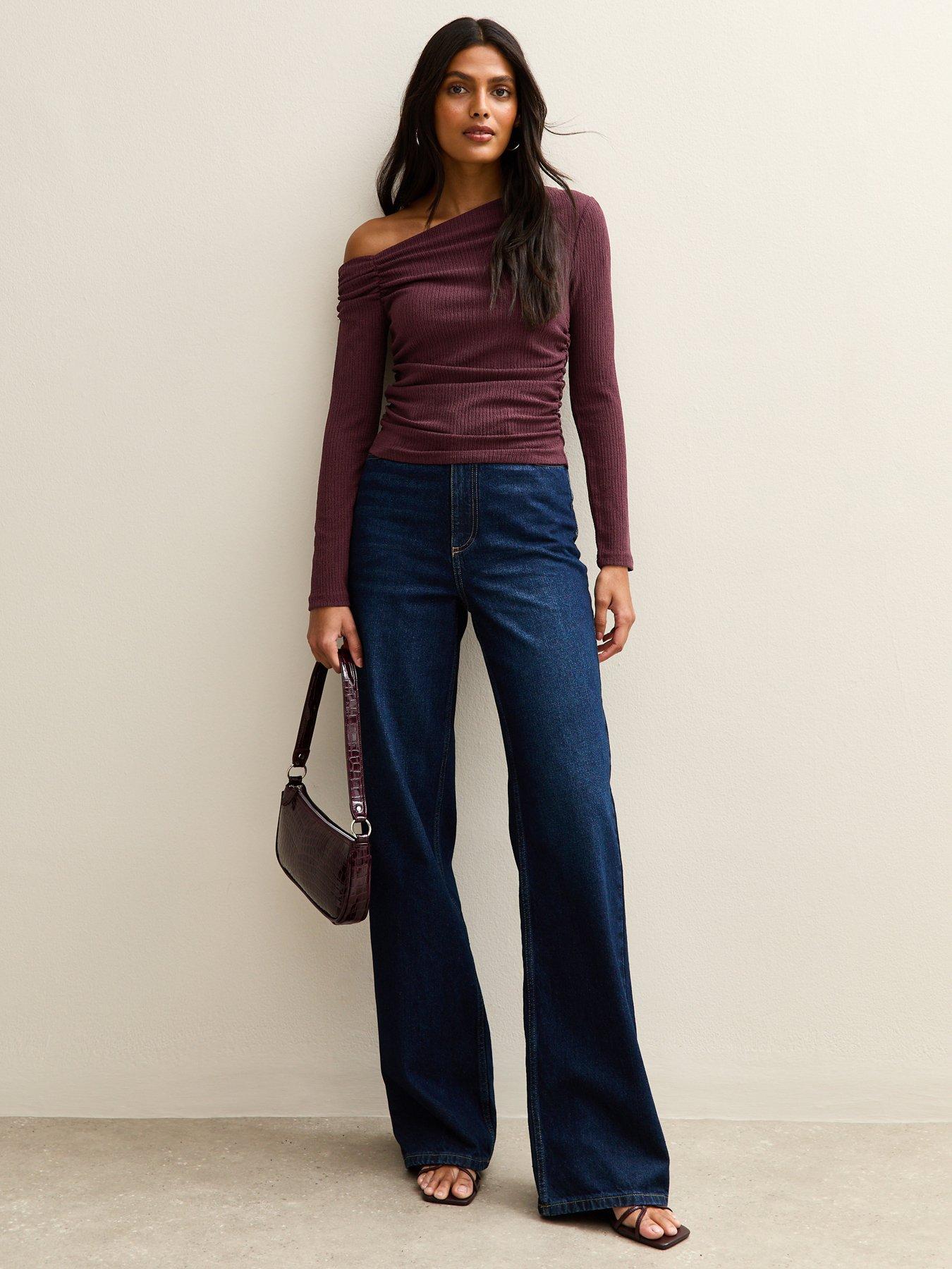  image of new-look-burgundy-asymmetric-ruched-waist-long-sleeve-top-red