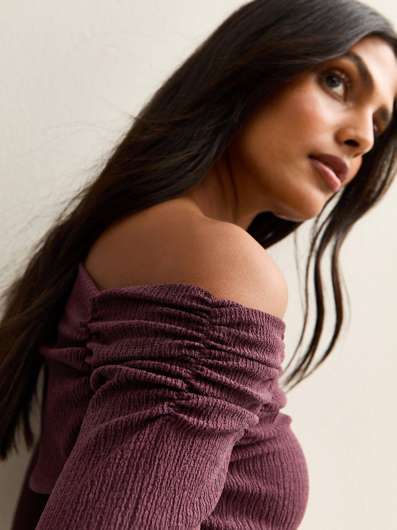  image of new-look-burgundy-asymmetric-ruched-waist-long-sleeve-top-red