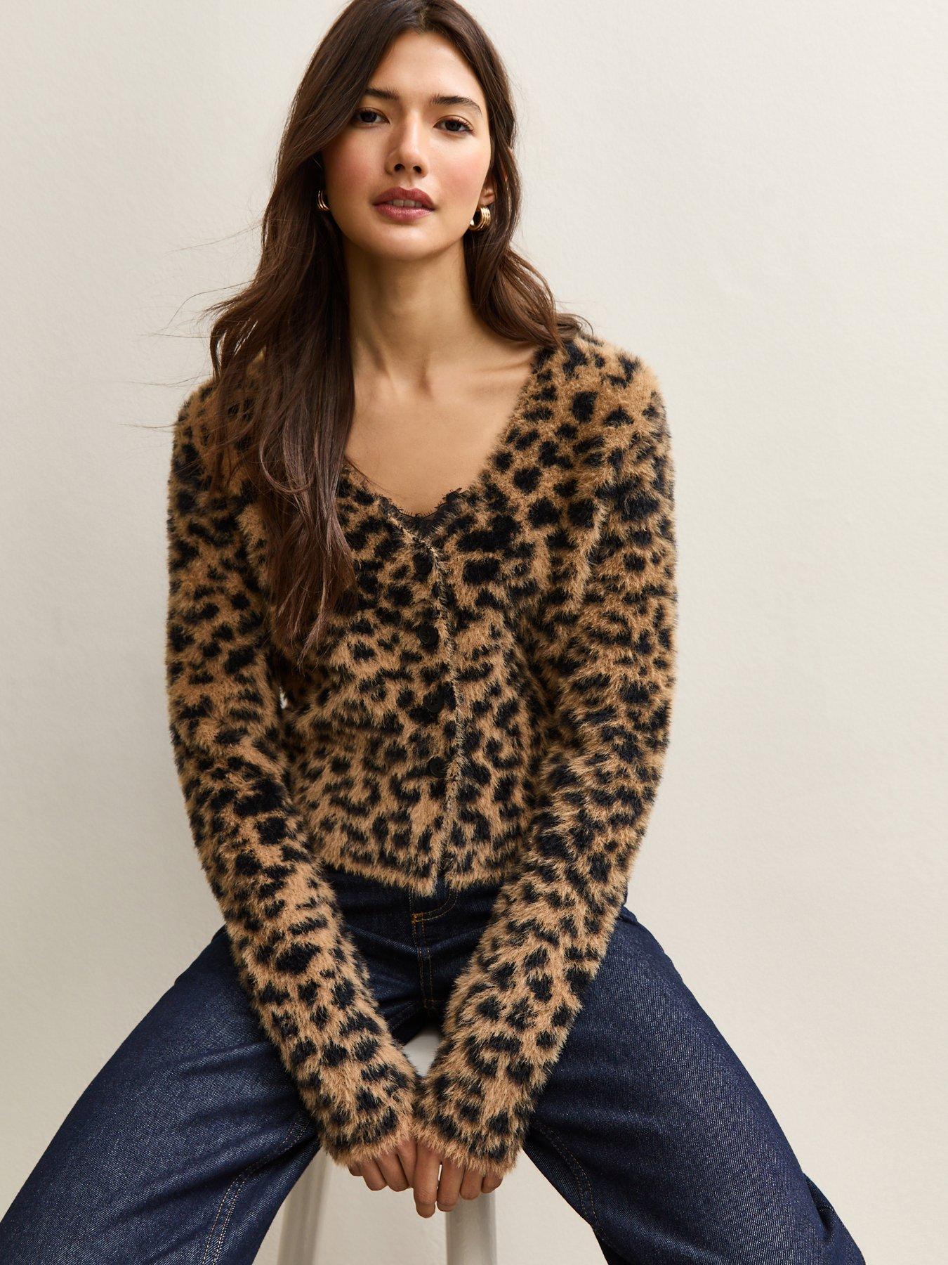 front image of new-look-fluffy-knit-leopard-pattern-cardigan-brown