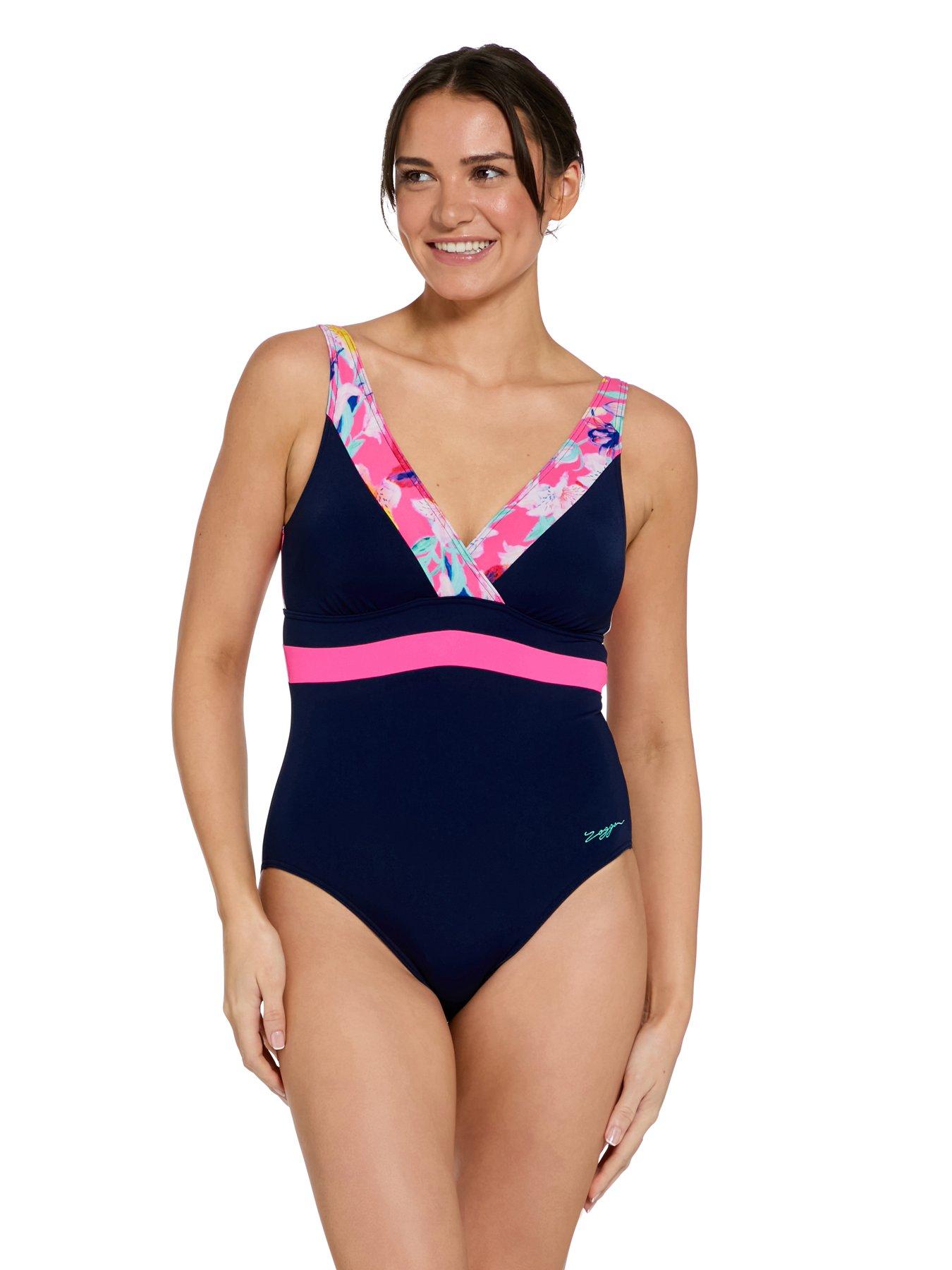  image of zoggs-womens-swim-squareback-back-panel-swimsuit-multi