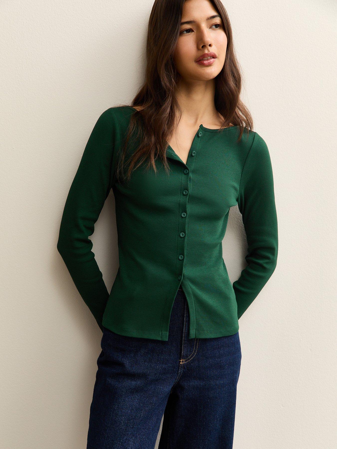 New Look Ribbed Button Through Long Sleeve Top - Green